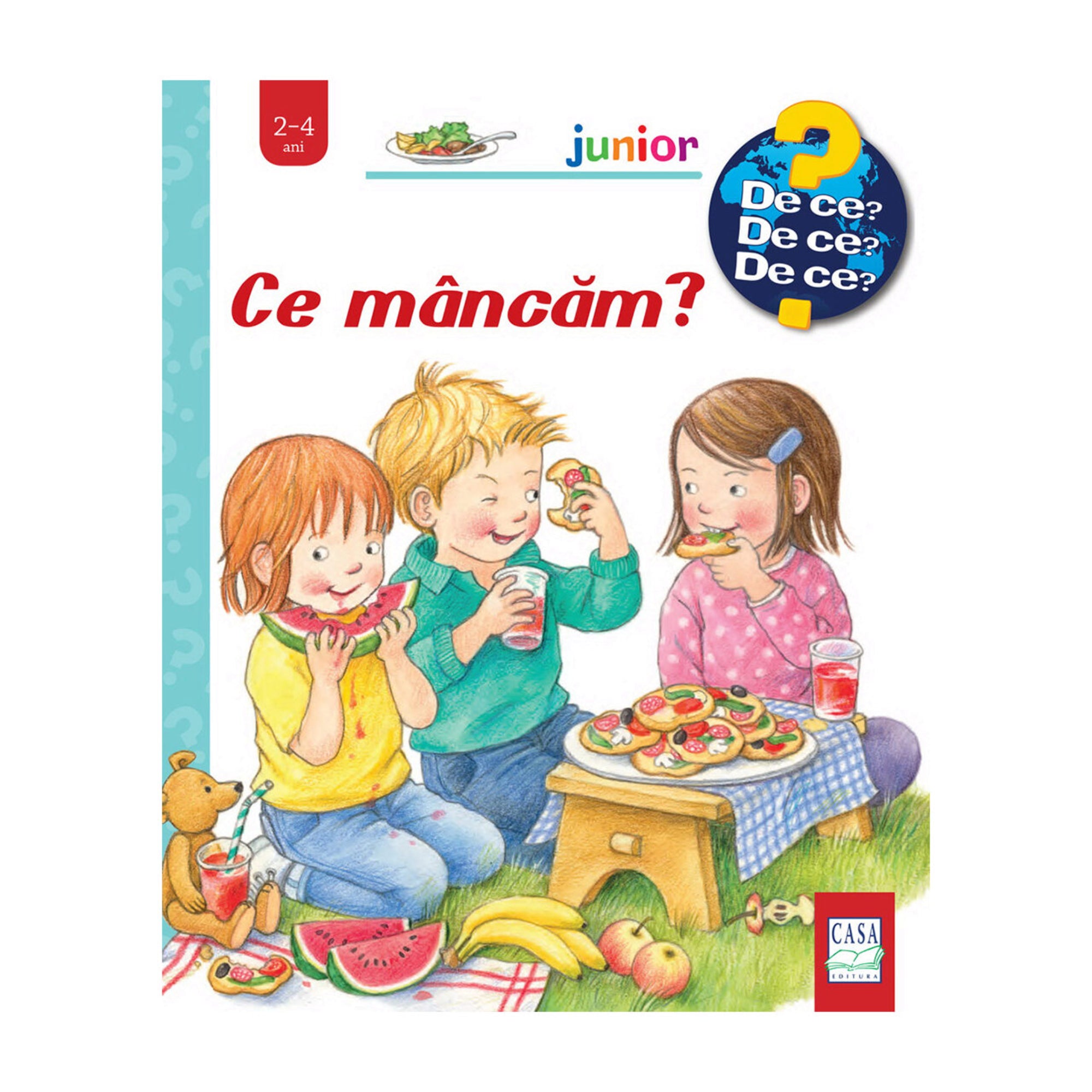 Ce mâncăm? – gyerekkönyv borító, amelyen három kisgyerek piknikezik: gyümölcsöt esznek, szendvicseket és üdítőt fogyasztanak, mellettük plüssmackó ül.
