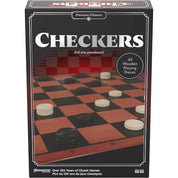 A Checkers (dáma) társasjáték doboza elölnézetből, rajta fa játékkorongokkal és sakktáblaszerű játéktáblával.