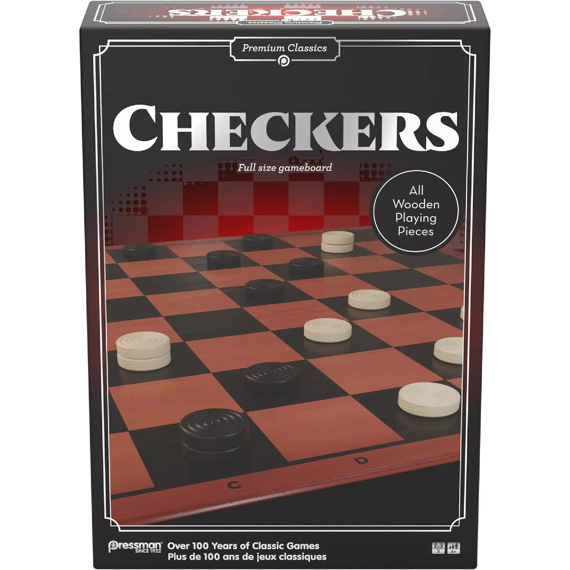 A Checkers (dáma) társasjáték doboza elölnézetből, rajta fa játékkorongokkal és sakktáblaszerű játéktáblával.