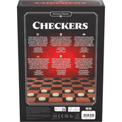 A Checkers társasjáték dobozának hátoldala, többnyelvű leírással és a játék tartalmának felsorolásával.