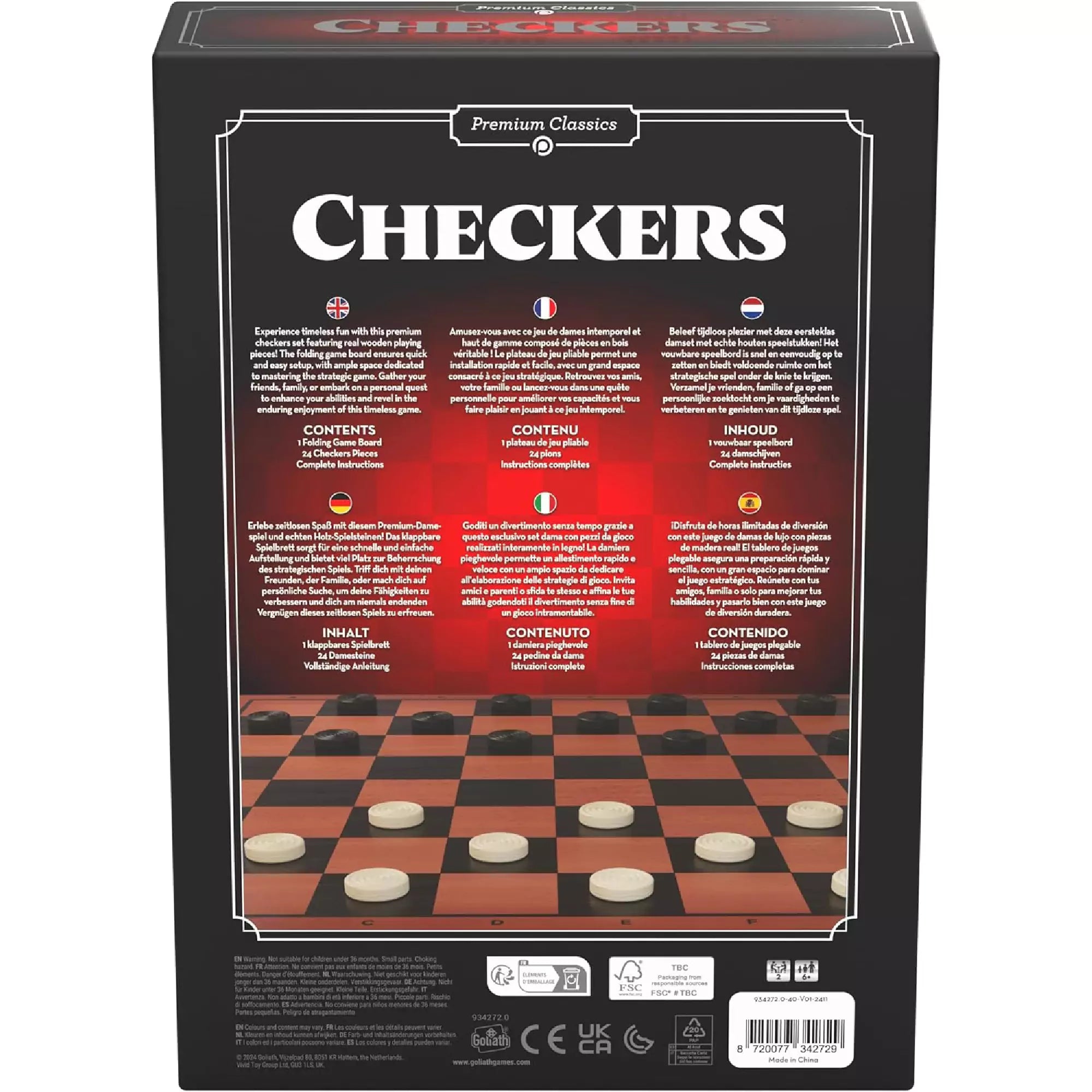 A Checkers társasjáték dobozának hátoldala, többnyelvű leírással és a játék tartalmának felsorolásával.