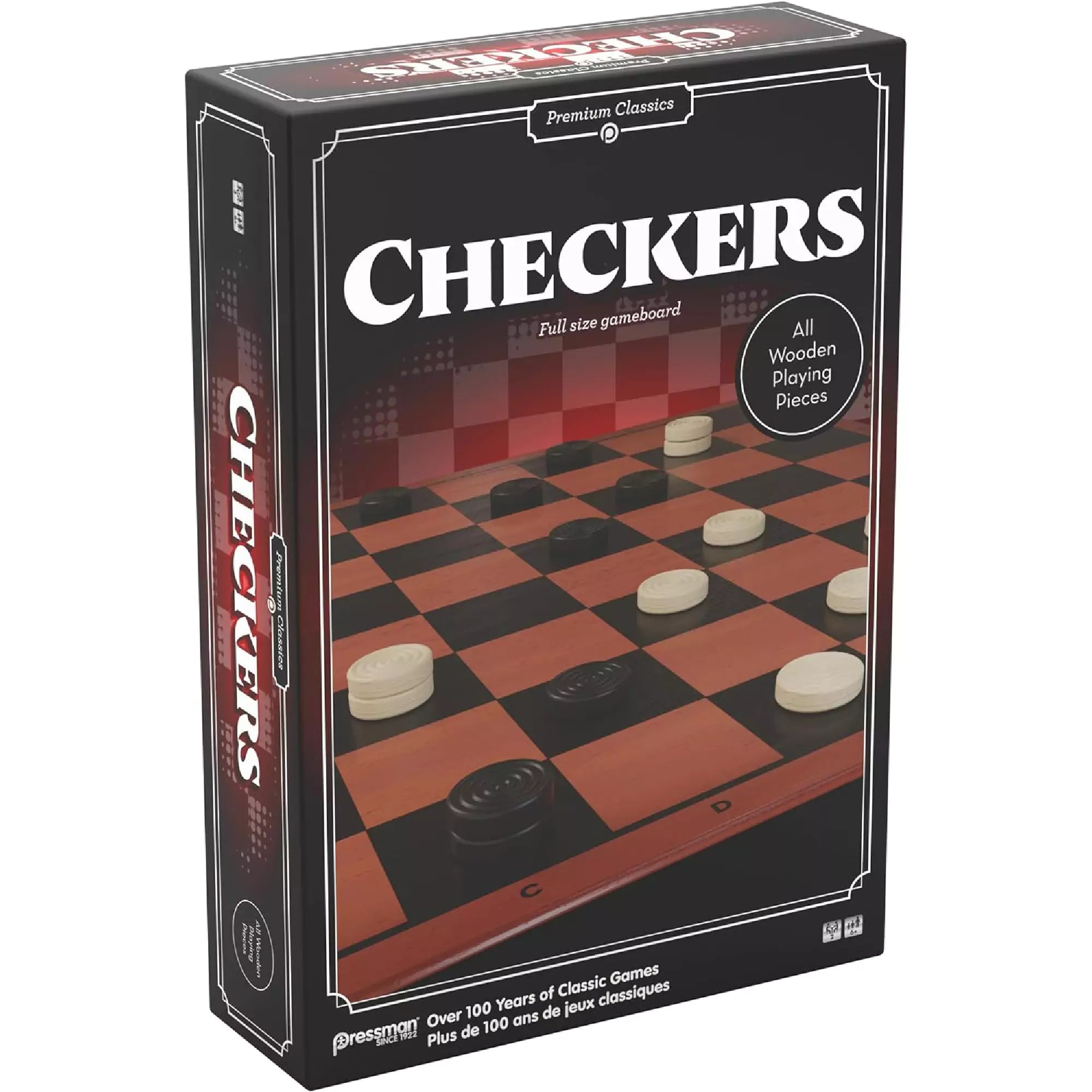 A Checkers társasjáték doboza enyhén oldalnézetből, a játékmezőn elhelyezett fekete és fehér fa bábukkal.