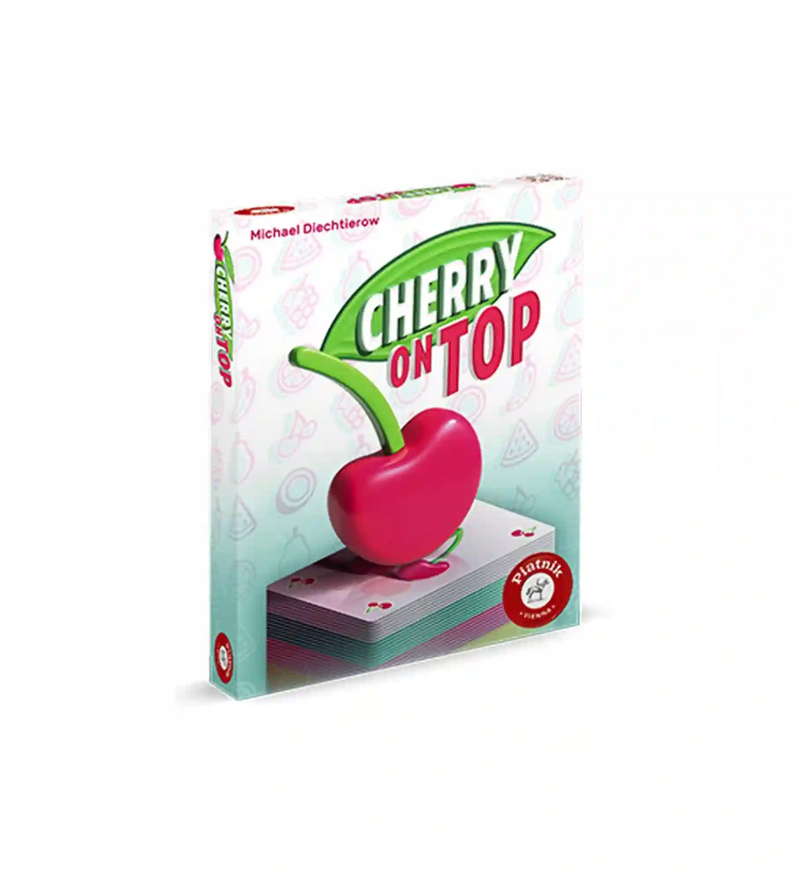 Cherry on Top kártyajáték doboza, amelyen a játék logója és egy nagy cseresznye látható a letisztult borítógrafikán.