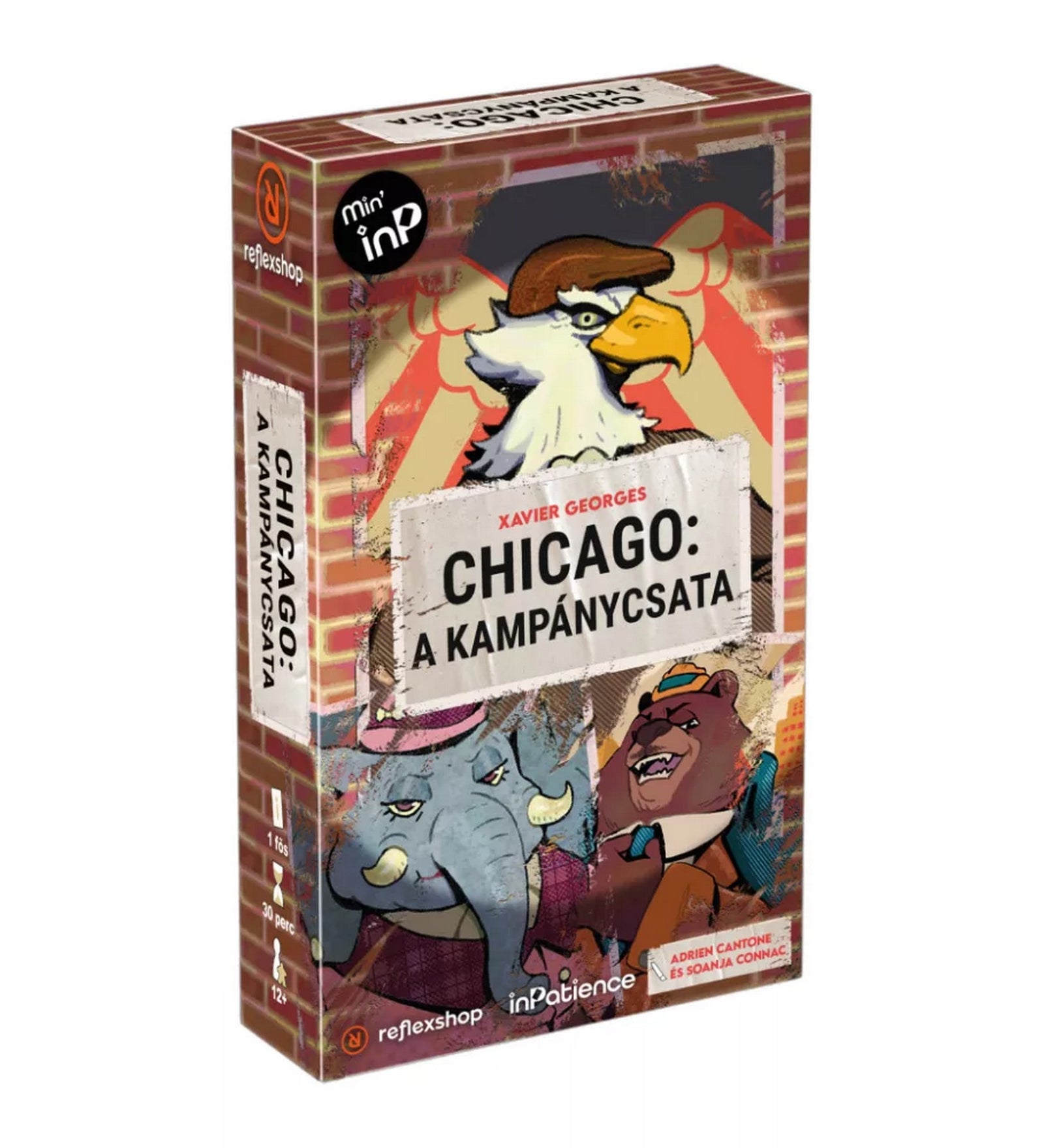 Chicago: A kampánycsata társasjáték doboz, állat karakterekkel (sas, elefánt, medve) és grafikus, politikai témájú dizájnnal.