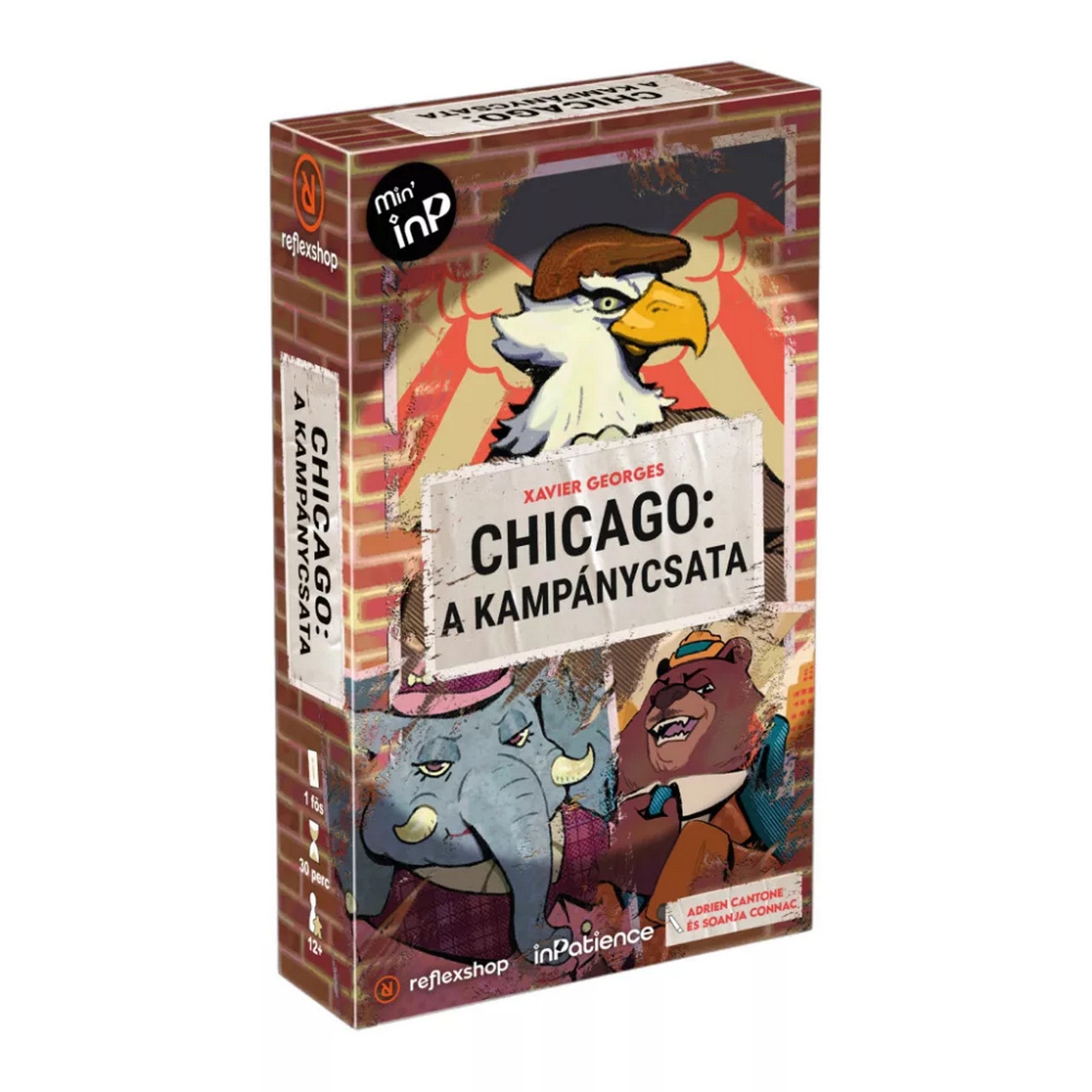 Chicago: A kampánycsata társasjáték doboz, állat karakterekkel (sas, elefánt, medve) és grafikus, politikai témájú dizájnnal.