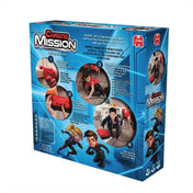 A Chrono Mission – A titkos küldetés társasjáték dobozának hátoldala, amely illusztrálja a játék menetét, a gyerekek lézermezőn való áthaladását és a bomba hatástalanításának lépéseit.