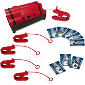 A Chrono Mission – A titkos küldetés társasjáték tartalma: piros játékelemek, drótos érzékelők, kártyák és a bombát formázó vezérlőegység, amely a lézeres küldetésekhez szükséges eszközöket mutatja.