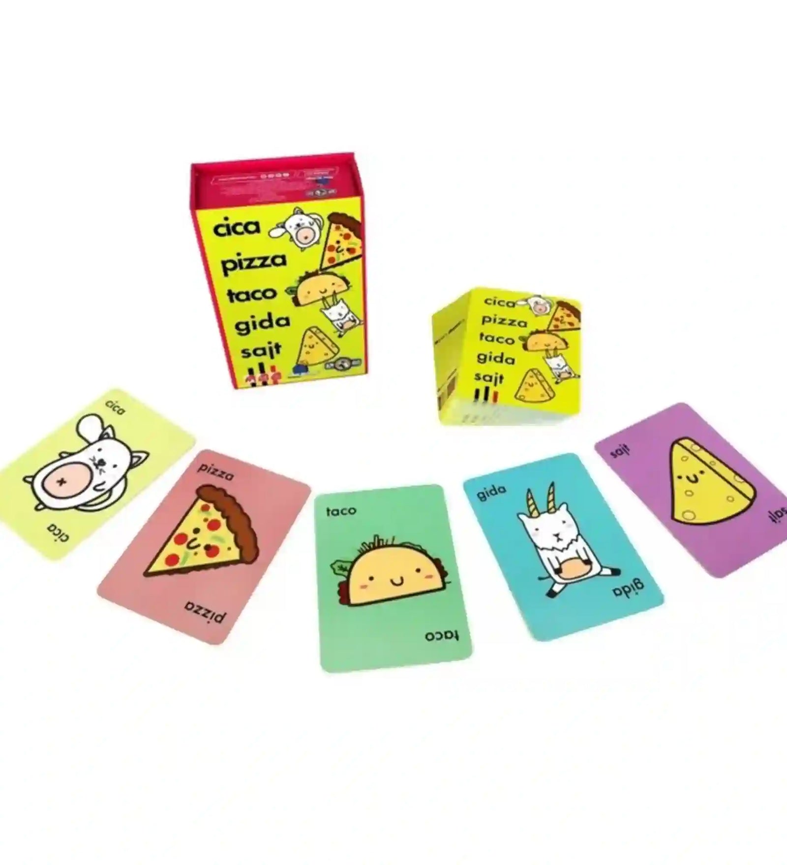 Cica, pizza, taco, gida, sajt magyar nyelvű társasjáték doboza és játékkártyái fehér háttéren. A képen a cica, pizza, taco, gida és sajt lapok, valamint a kétféle játéktároló doboz látható.