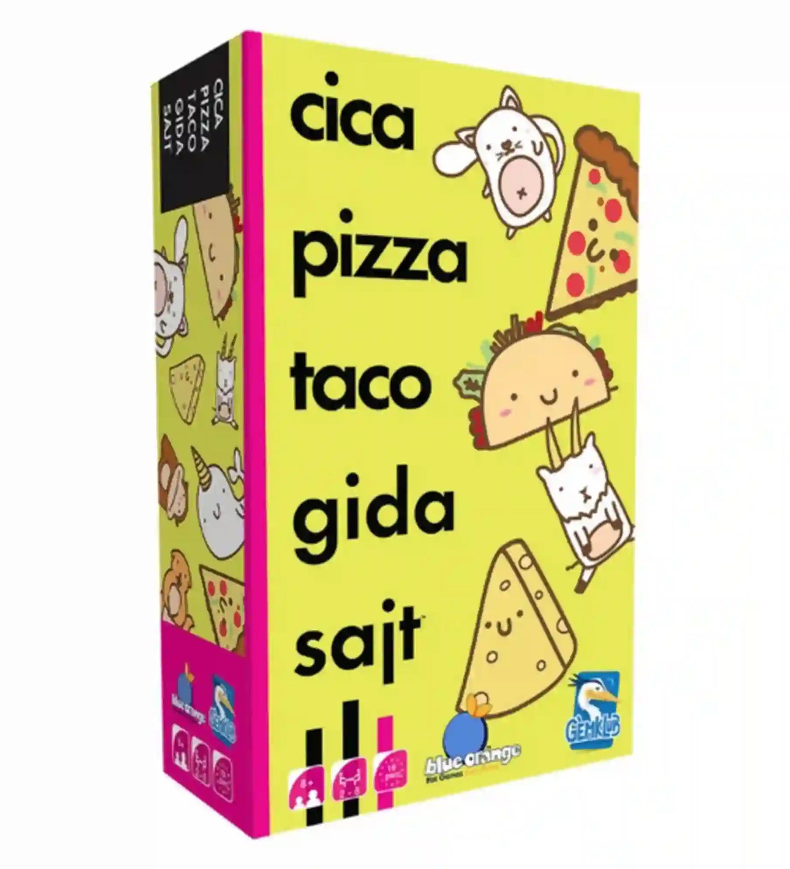 Cica, pizza, taco, gida, sajt magyar nyelvű társasjáték doboza, sárga alapon fekete felirattal és vidám cica, pizza, taco, gida és sajt illusztrációkkal.
