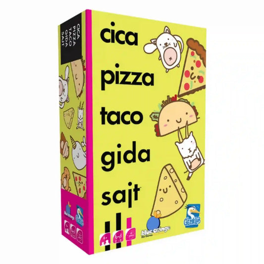Cica, pizza, taco, gida, sajt magyar nyelvű társasjáték doboza, sárga alapon fekete felirattal és vidám cica, pizza, taco, gida és sajt illusztrációkkal.