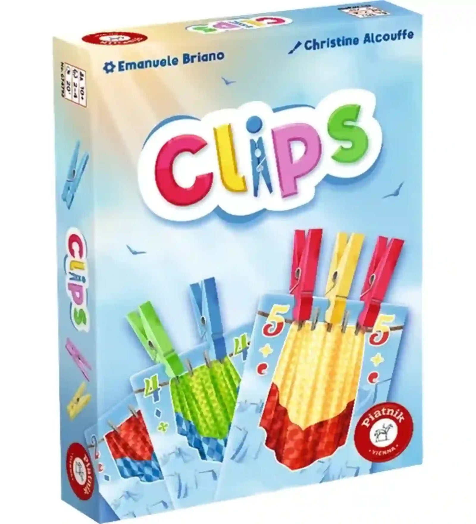 Clips társasjáték doboza, amelyen a játék logója és a száradó ruhákat tartó színes csipeszekkel ellátott játékkártyák láthatók, utalva a játék fő mechanikájára.