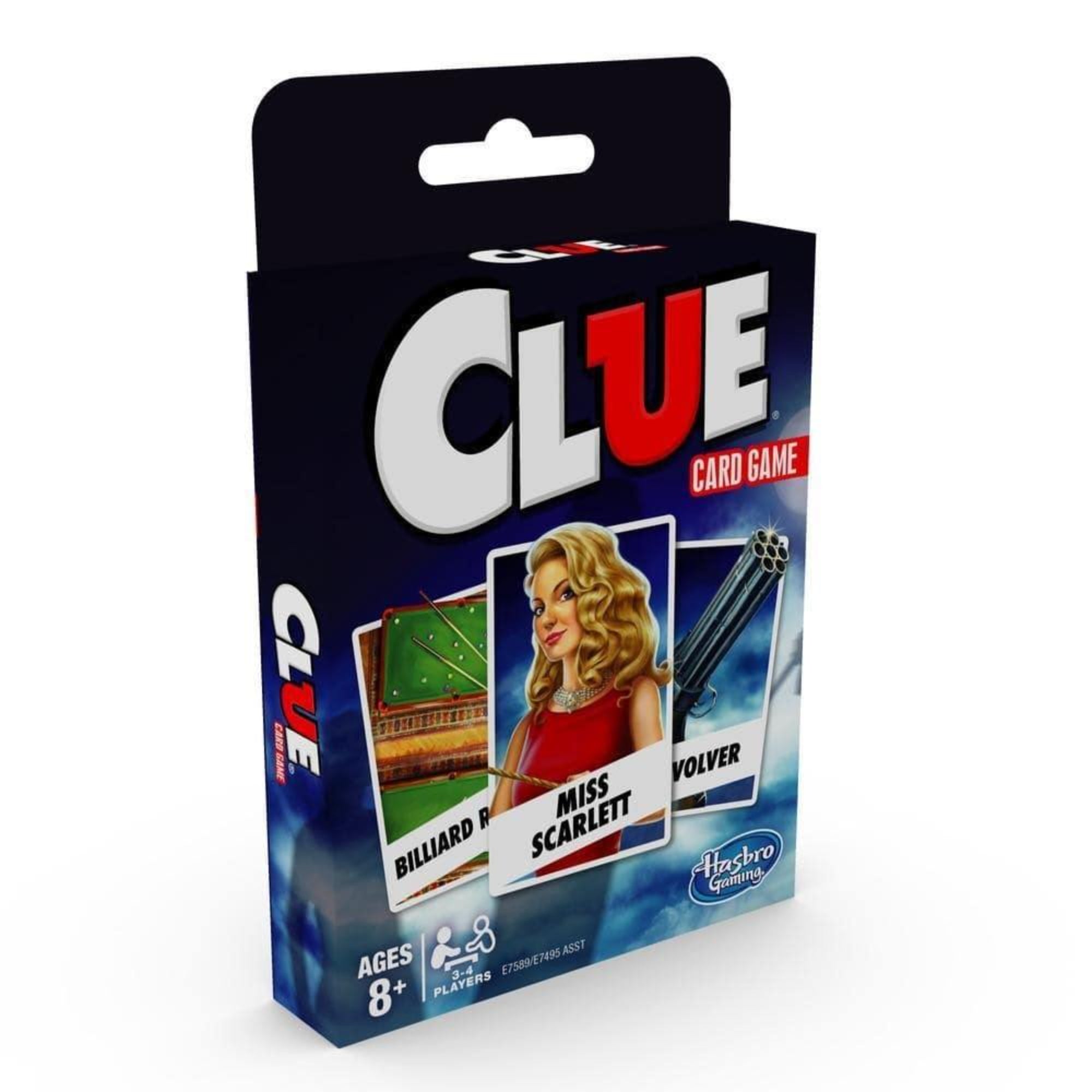 Ez a kép a Clue Card Game – vagyis a Cluedo kártyajáték – dobozát mutatja be. A borítón jól látható a klasszikus Clue logó, alatta három fontos kártya: a biliárdterem, Miss Scarlett karaktere, valamint egy revolver – ezek mind a játék kulcselemei, melyek a gyilkosság helyszínének, tettesének és eszközének megfejtéséhez vezetnek. A doboz bal alsó részén az ajánlott korosztály (8+) és a játékosok száma (3+) is feltüntetésre került.