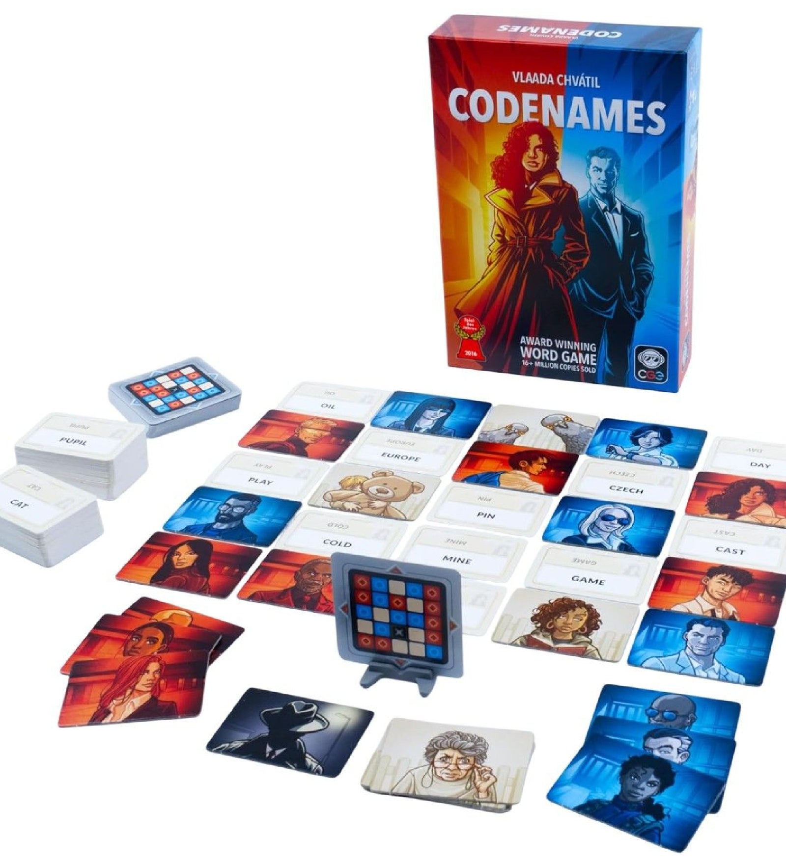 A Codenames társasjáték teljes tartalma: doboz, szó- és karakterkártyák, kódolótábla és ügynökjelölők. A játékosok kooperatív módon, logikát és szókincset használva próbálják megtalálni saját ügynökeiket.