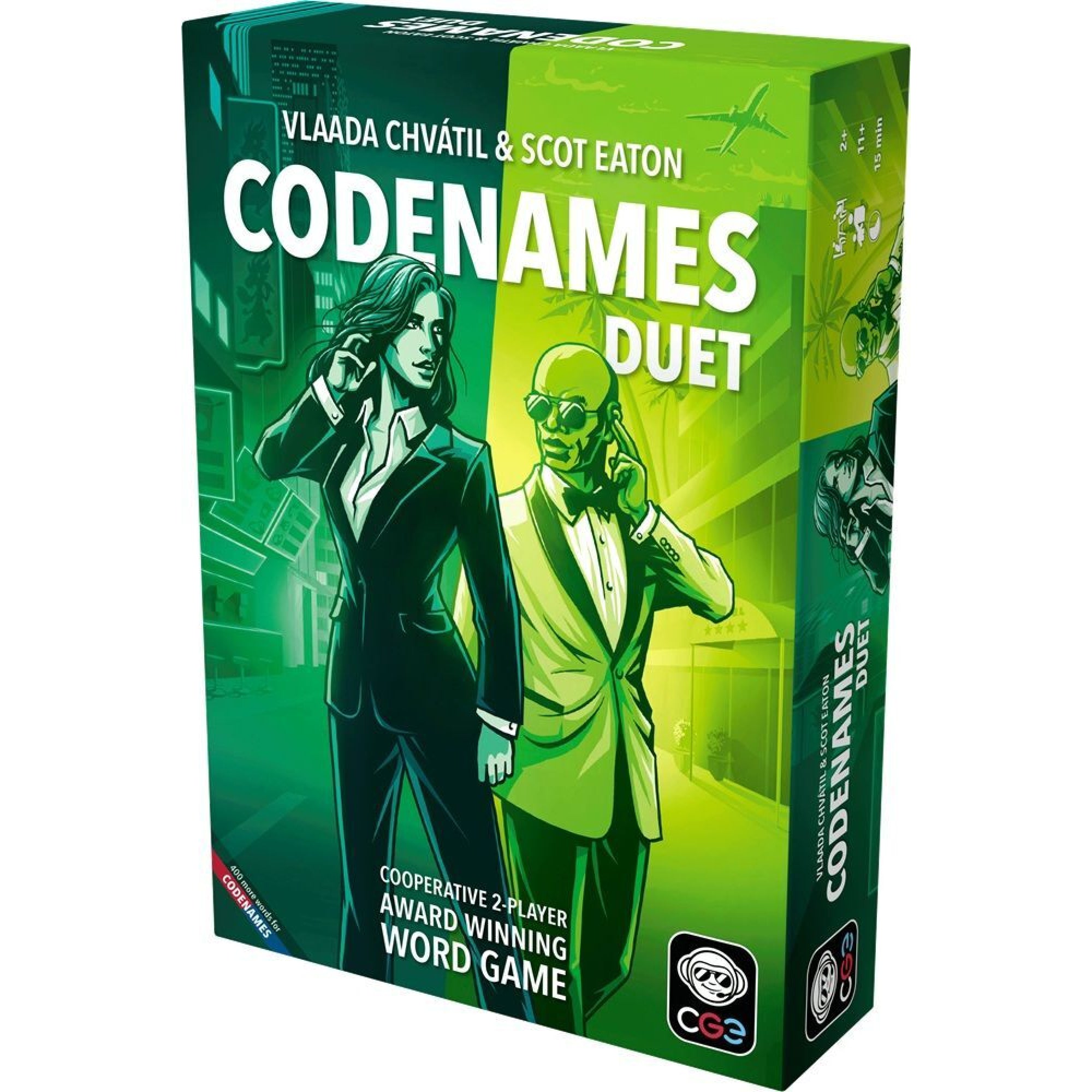 A Codenames Duet angol nyelvű társasjáték doboza, amelyen két elegáns, titkosügynököt ábrázoló illusztráció szerepel zöld árnyalatú háttérrel. A doboz kiemeli, hogy a játék kooperatív, kétfős szójáték, amely több díjat is nyert.