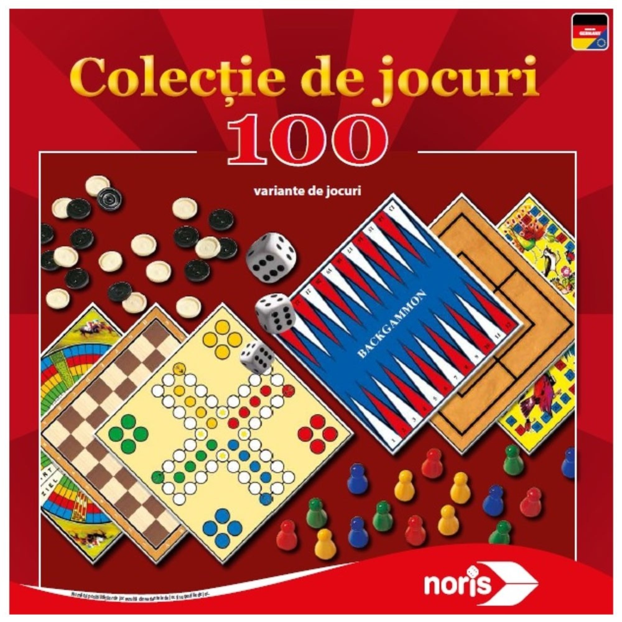 Ez a kép a Noris 100 játékváltozatot tartalmazó társasjátékgyűjteményét mutatja be. A doboz fedelén látványosan sorakoznak a klasszikus társasjátékok elemei: a jól ismert backgammon tábla, a dámajáték korongjai, dobókockák, parcogó társasjátékpályák, sakk- és malomtáblák, illetve színes bábuk, amelyek különféle játékokhoz használhatók. A kép vibráló piros háttere és az arany színű "Colecție de jocuri – 100 variante de jocuri" felirat kihangsúlyozza a gyűjtemény gazdagságát és változatosságát.