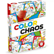 A Color Chaos társasjáték doboza, amelyen a színezhető rajzokat ábrázoló játékkártyák és a játék narancssárga dobókockája látható. A dobozkép jól tükrözi a játék vidám, családbarát hangulatát és a színek felismerésére épülő játékmenetet.