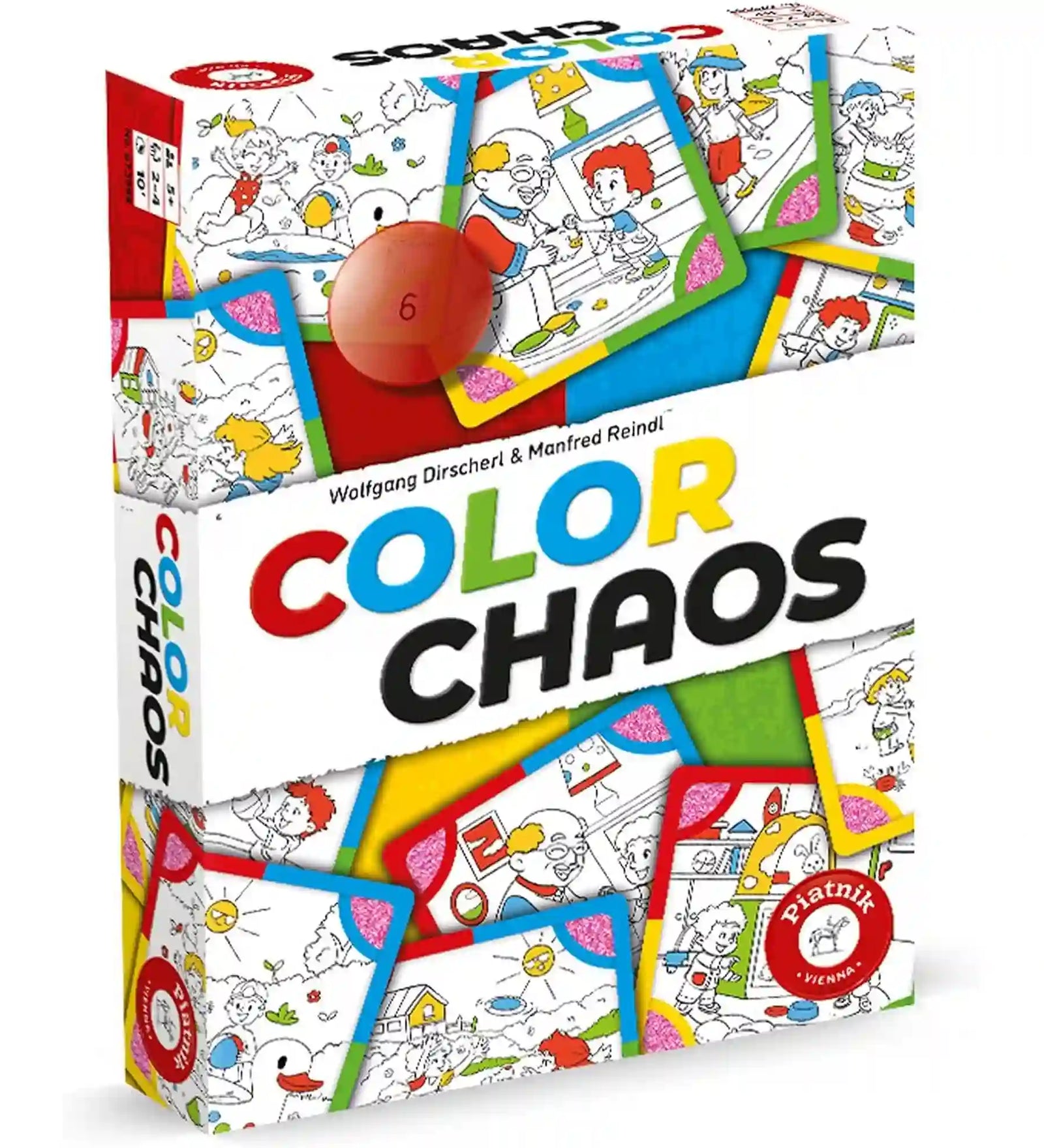 A Color Chaos társasjáték doboza, amelyen a színezhető rajzokat ábrázoló játékkártyák és a játék narancssárga dobókockája látható. A dobozkép jól tükrözi a játék vidám, családbarát hangulatát és a színek felismerésére épülő játékmenetet.