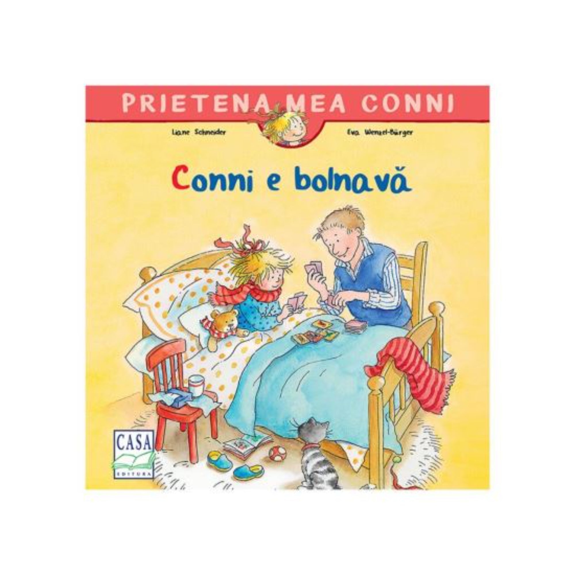 Conni e bolnavă – Prietena mea Conni sorozat borítója, amelyen Conni ágyban fekszik betegen, apukája pedig kártyázik vele, mellette a macska és a mackó.