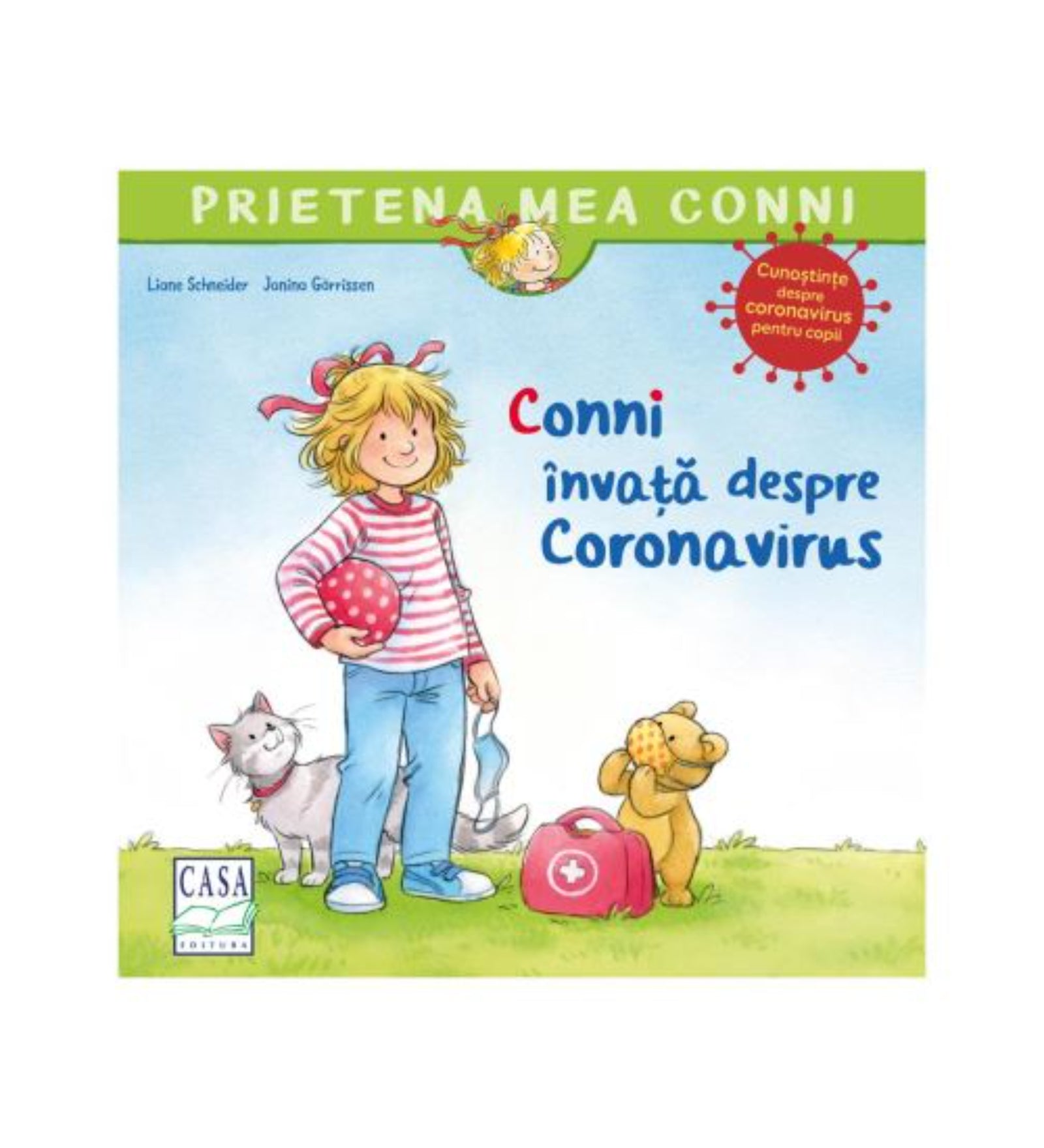 Conni învață despre Coronavirus – Prietena mea Conni sorozat borítója, amelyen Conni maszkot tart a kezében, mellette a macska és egy mackó orvosi táskával.