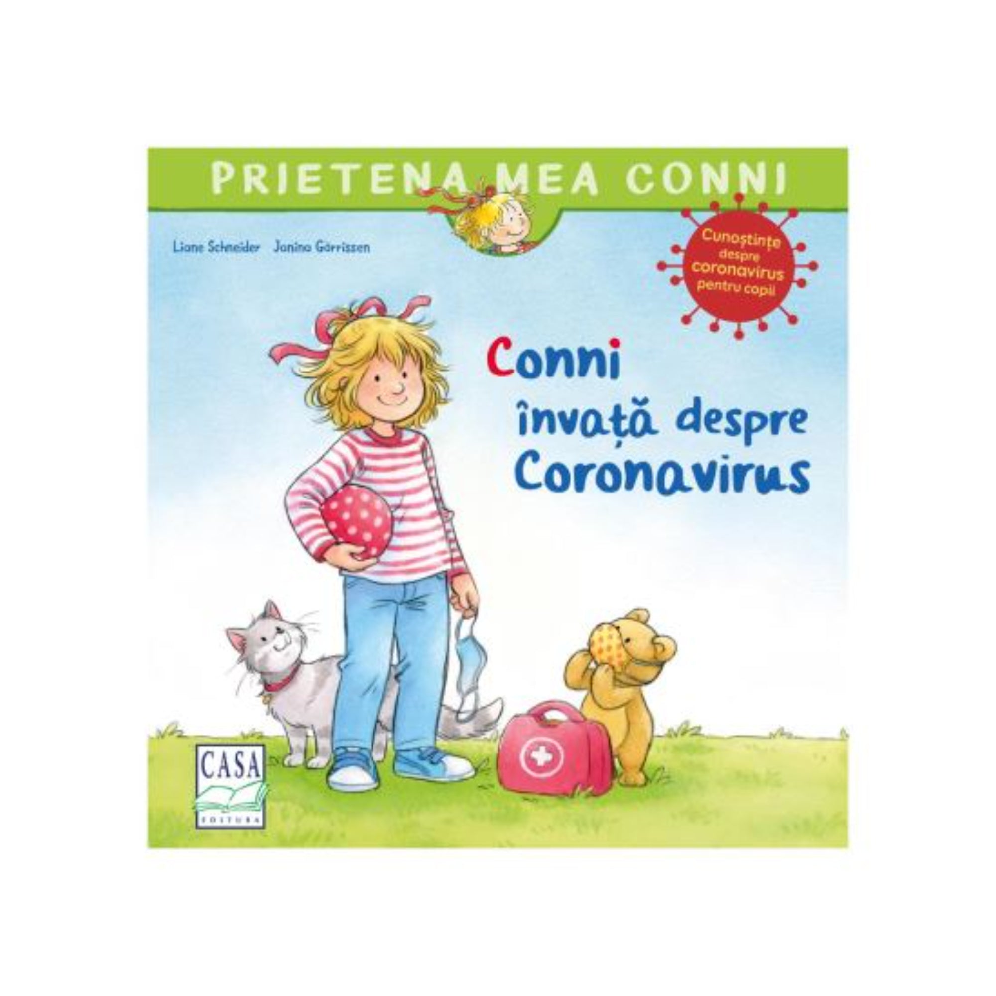 Conni învață despre Coronavirus – Prietena mea Conni sorozat borítója, amelyen Conni maszkot tart a kezében, mellette a macska és egy mackó orvosi táskával.