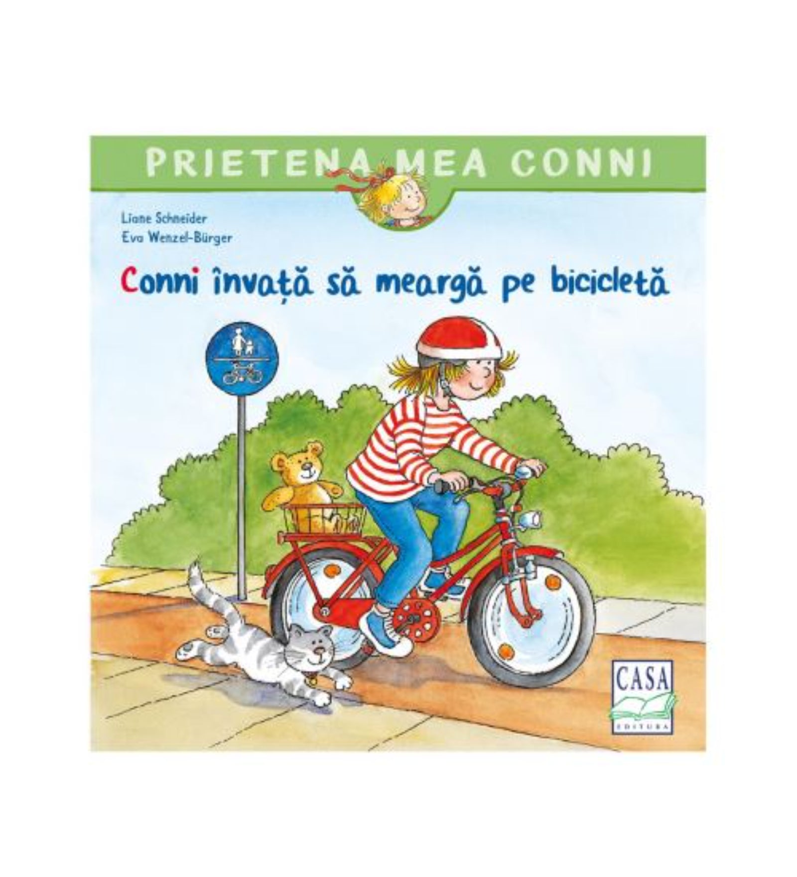 Conni învață să meargă pe bicicletă – Prietena mea Conni sorozat borítója, amelyen Conni piros kerékpárral biciklizik, mögötte mackó ül, mellette a cica fut.