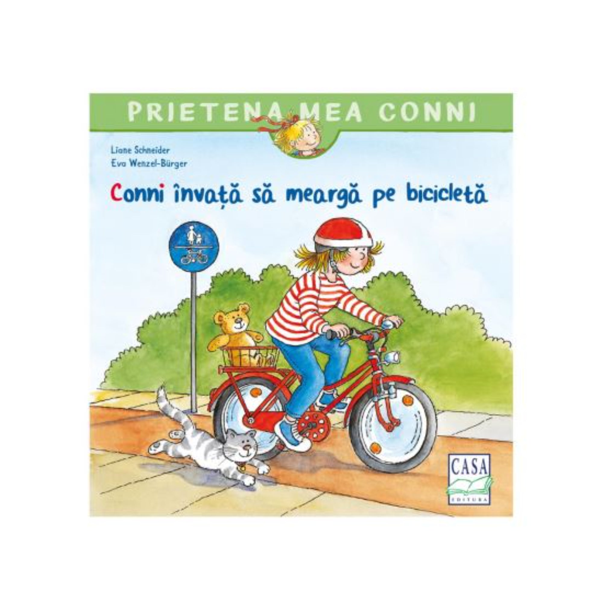 Conni învață să meargă pe bicicletă – Prietena mea Conni sorozat borítója, amelyen Conni piros kerékpárral biciklizik, mögötte mackó ül, mellette a cica fut.
