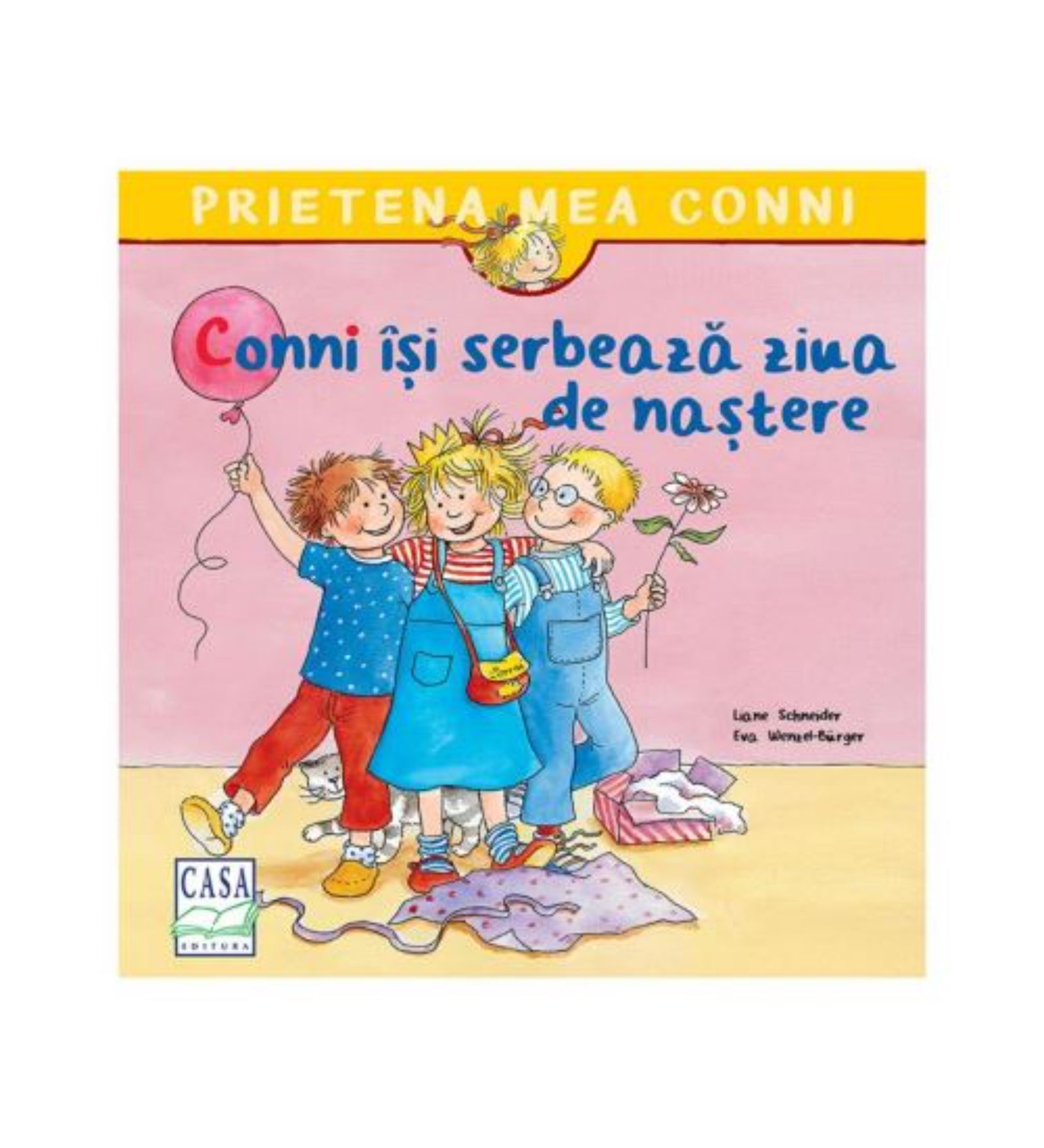 Conni își serbează ziua de naștere – Prietena mea Conni sorozat borítója, amelyen Conni születésnapját ünnepli barátaival, lufival és virággal.