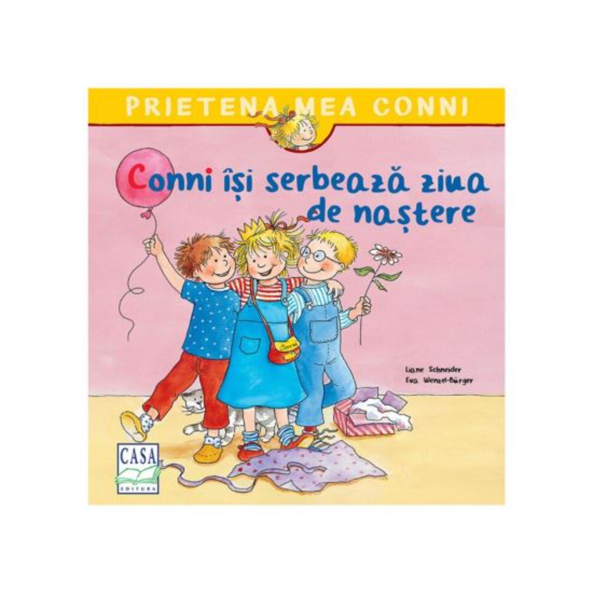 Conni își serbează ziua de naștere – Prietena mea Conni sorozat borítója, amelyen Conni születésnapját ünnepli barátaival, lufival és virággal.