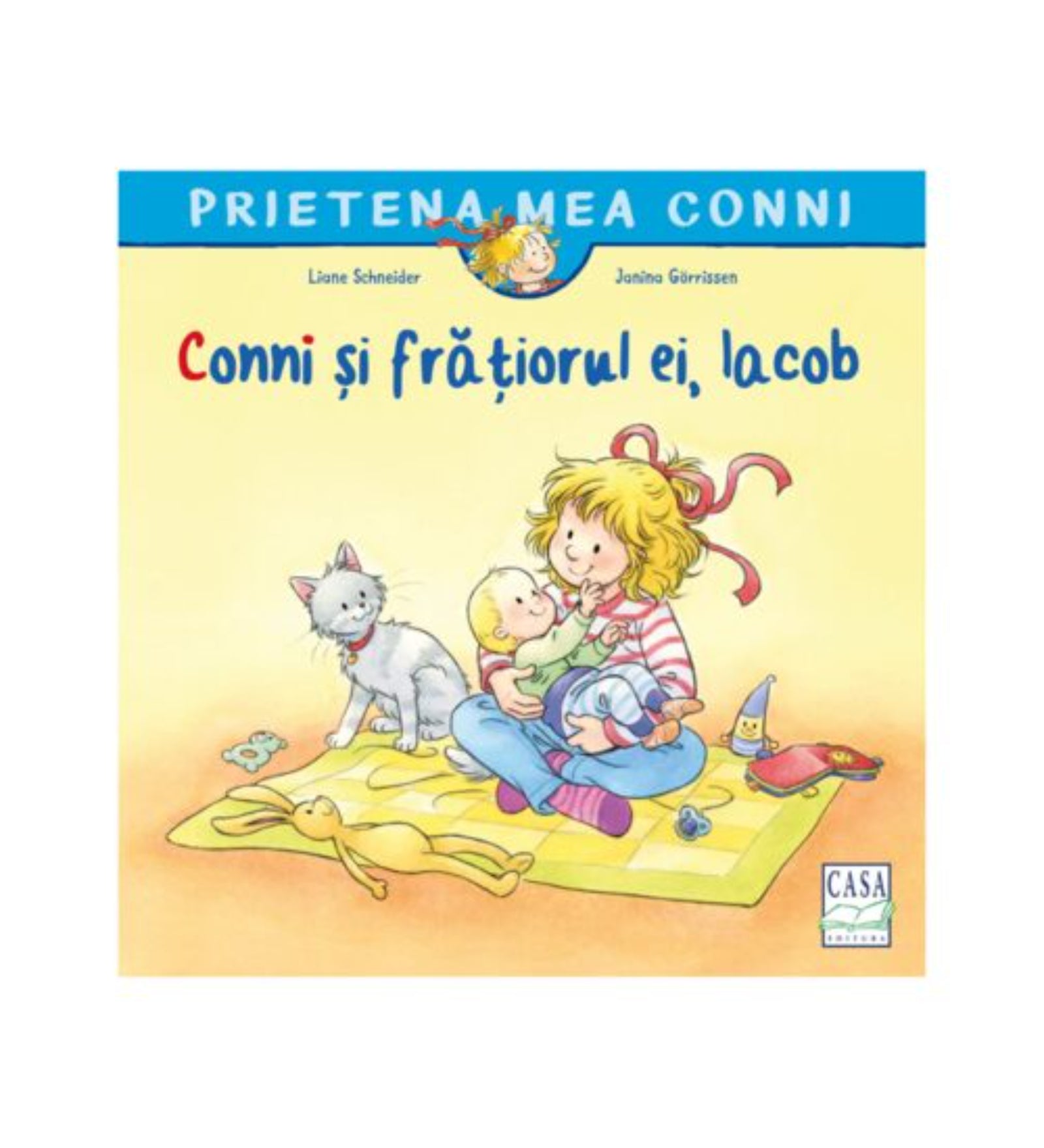 Prietena mea Conni – Conni și frățiorul ei, Iacob könyv borítója, amelyen Conni szeretettel tartja kisöccsét az ölében, mellettük a család macskája és játékok.