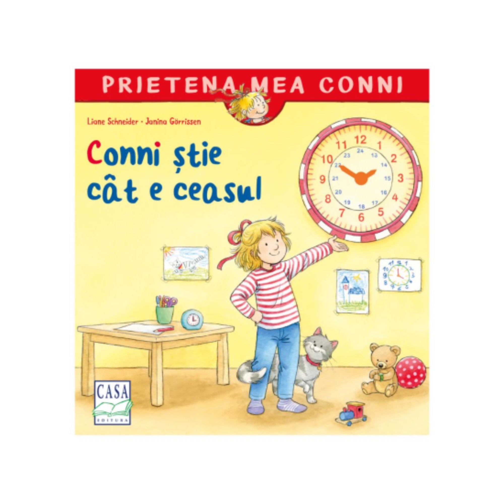 Conni știe cât e ceasul – Prietena mea Conni sorozat borítója, amelyen Conni egy nagy faliórára mutat a szobájában.