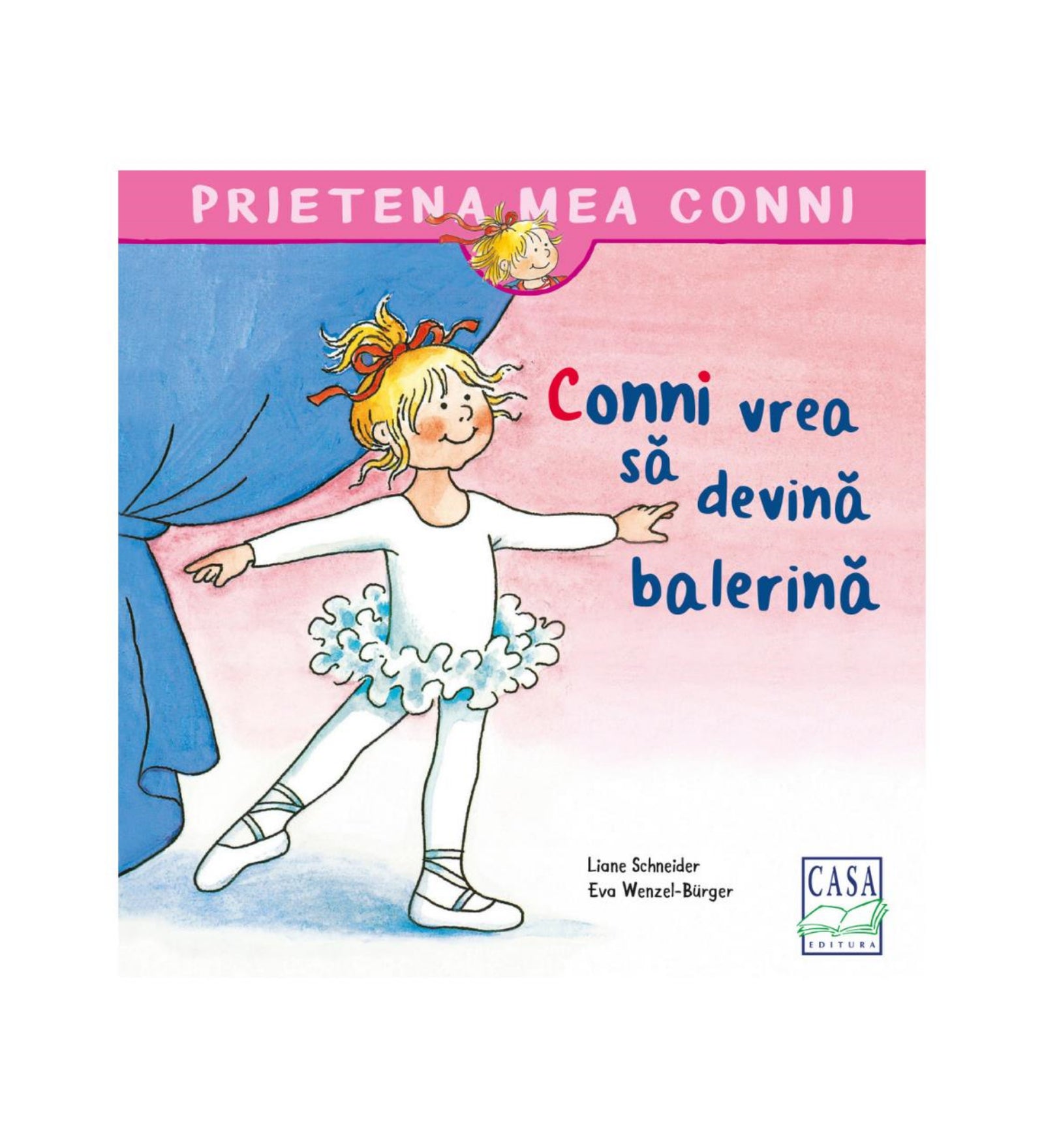„Prietena mea Conni – Conni vrea să devină balerină könyv borítója, amelyen Conni baletruhában, fehér tütüben táncol, háttérben kék függönnyel.”