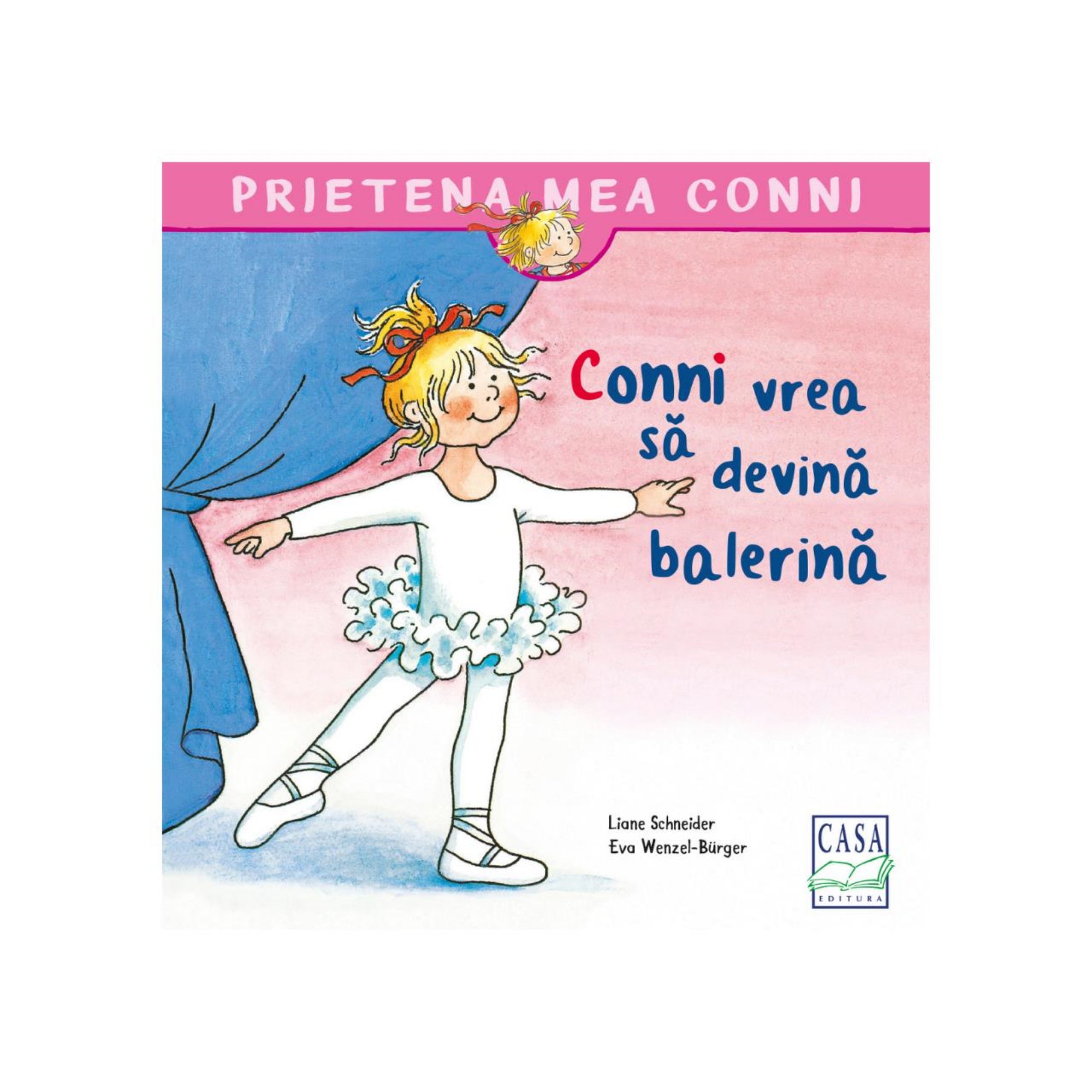 „Prietena mea Conni – Conni vrea să devină balerină könyv borítója, amelyen Conni baletruhában, fehér tütüben táncol, háttérben kék függönnyel.”
