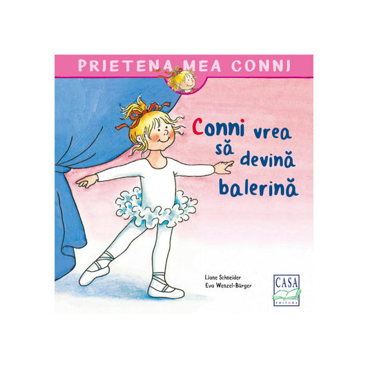 „Prietena mea Conni – Conni vrea să devină balerină könyv borítója, amelyen Conni baletruhában, fehér tütüben táncol, háttérben kék függönnyel.”