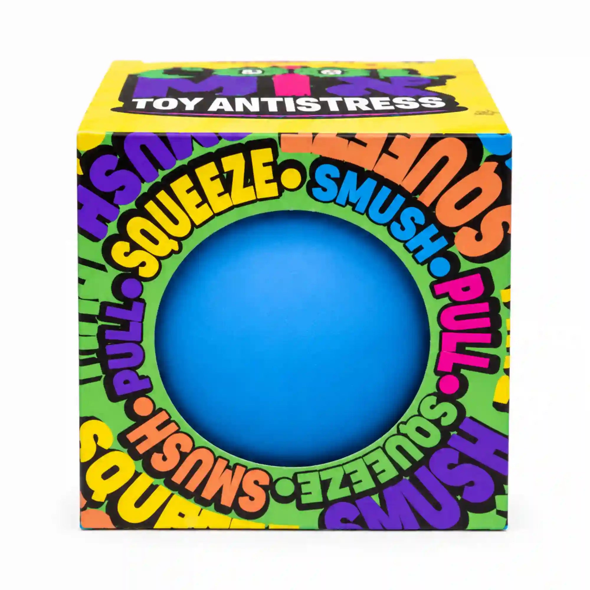 Cool Mix stresszlabda – kék stresszlevezető labda színes Cool Mix Toy Antistress doboza mellett.