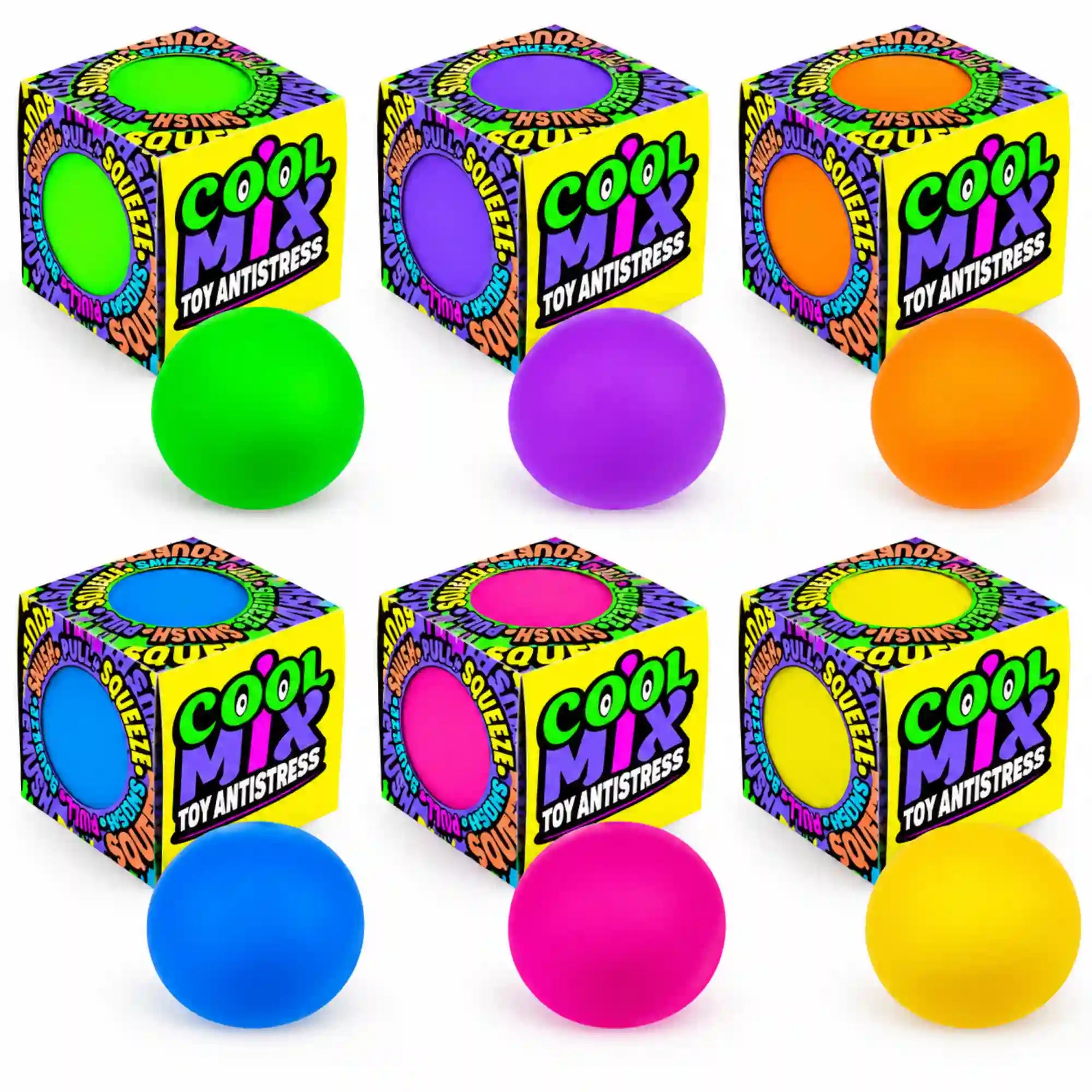 Cool Mix stresszlabda – hat színváltozat a hozzájuk tartozó színes Cool Mix Toy Antistress csomagolással.