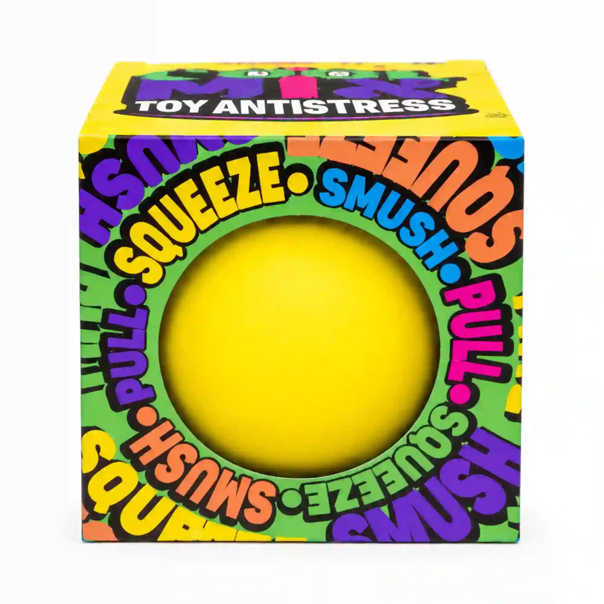 Cool Mix stresszlabda (sárga) – élénksárga stresszlabda színes Cool Mix Toy Antistress dobozával.