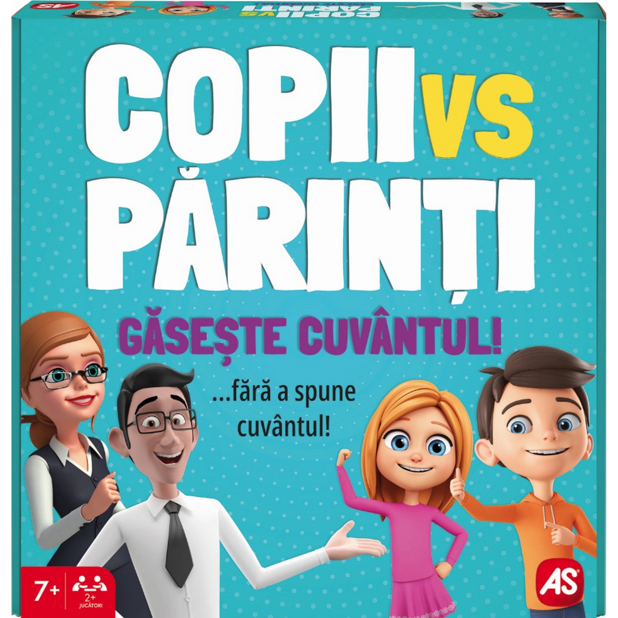 „Copii vs Părinți – Găsește Cuvântul! társasjáték doboza: családi karakterek vidám illusztrációi türkiz háttérrel.”