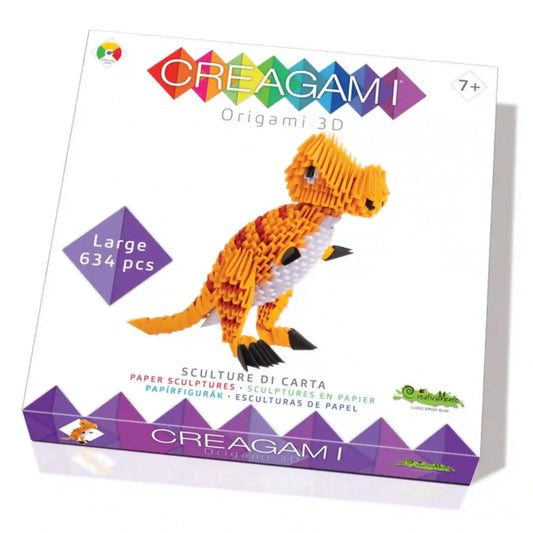 Creagami 3D origami készlet T-Rex doboz, amelyen a megépíthető dinoszaurusz látható, 634 darabos kreatív papírkészlettel.