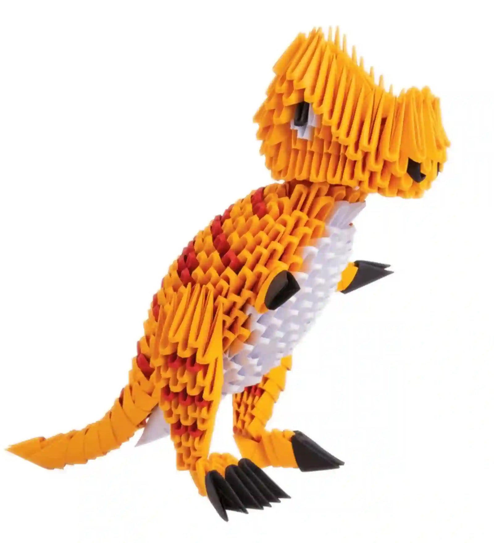 Creagami 3D origami készlet T-Rex elkészült figura, narancssárga papírelemekből összeállított dinoszaurusz modell részletes textúrával.
