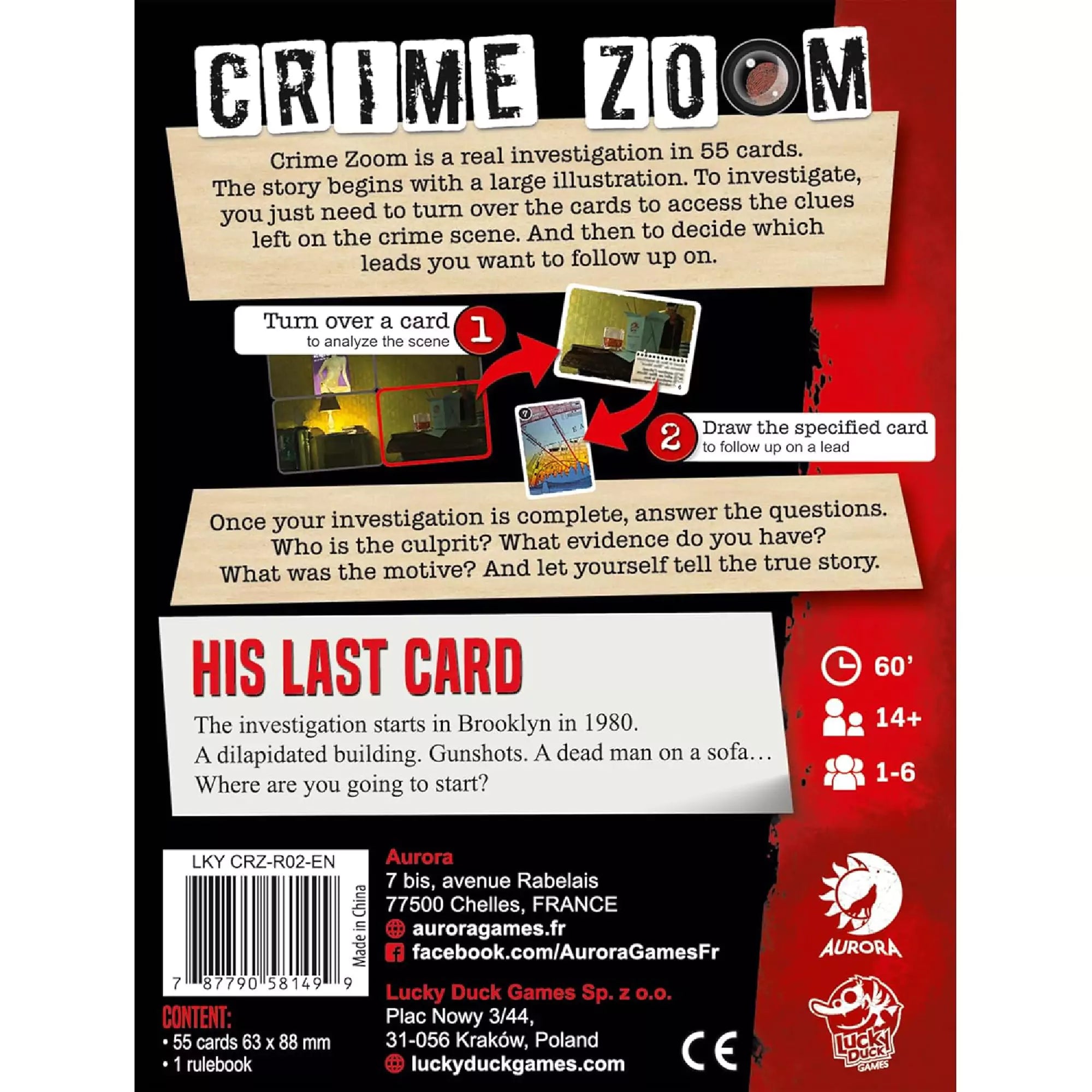  A Crime Zoom: His Last Card dobozának hátlapja részletes játékleírással, tartalomjegyzékkel és játékidőre, korhatárra, játékosszámra vonatkozó ikonokkal.