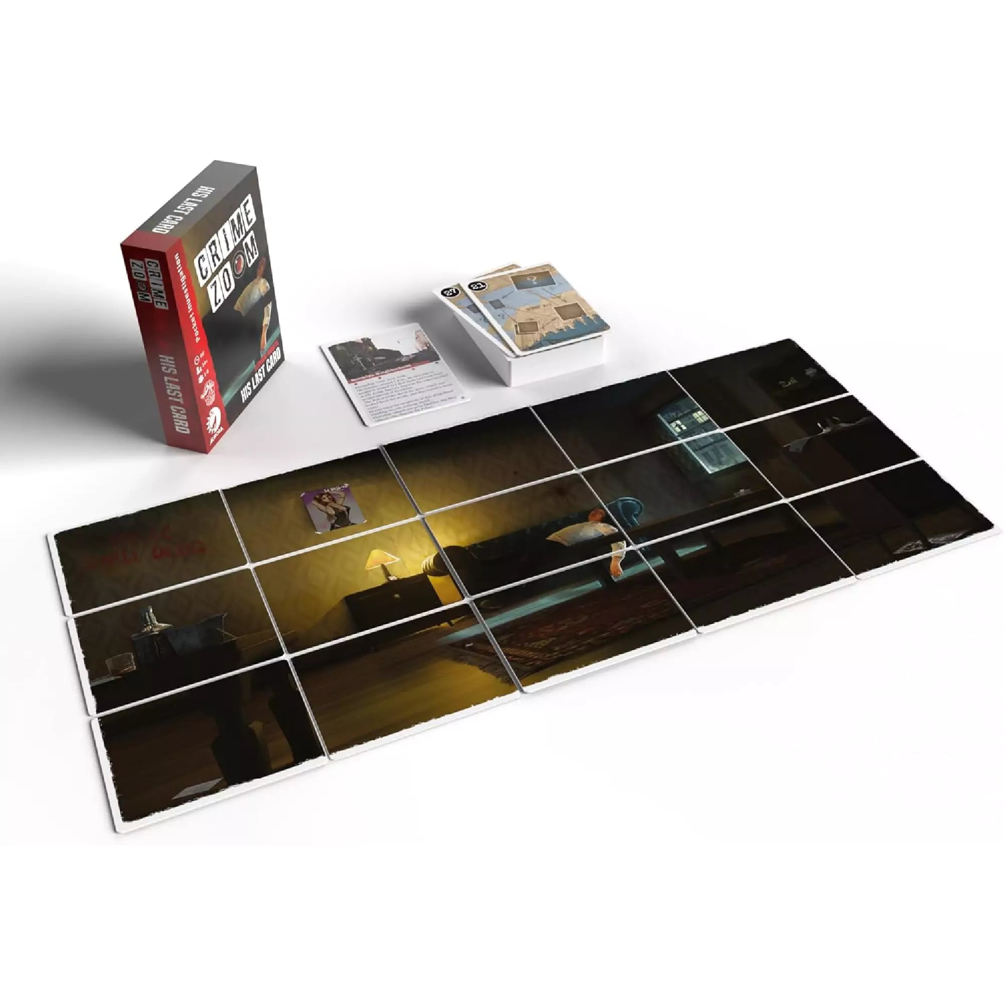 A Crime Zoom: His Last Card társasjáték teljes tartalma kiterítve: doboz, nyomozókártyák, helyszíni jelenet 3x5-ös rácsban, és bevezető szöveg.