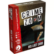 A Crime Zoom: His Last Card doboza elölről, egy halott férfi képe a kanapén fekve, piros és fekete dizájnnal és a játék címével.