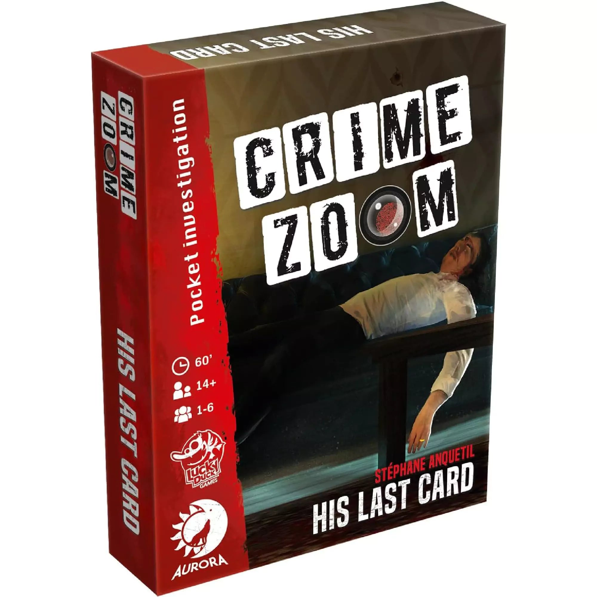 A Crime Zoom: His Last Card doboza elölről, egy halott férfi képe a kanapén fekve, piros és fekete dizájnnal és a játék címével.