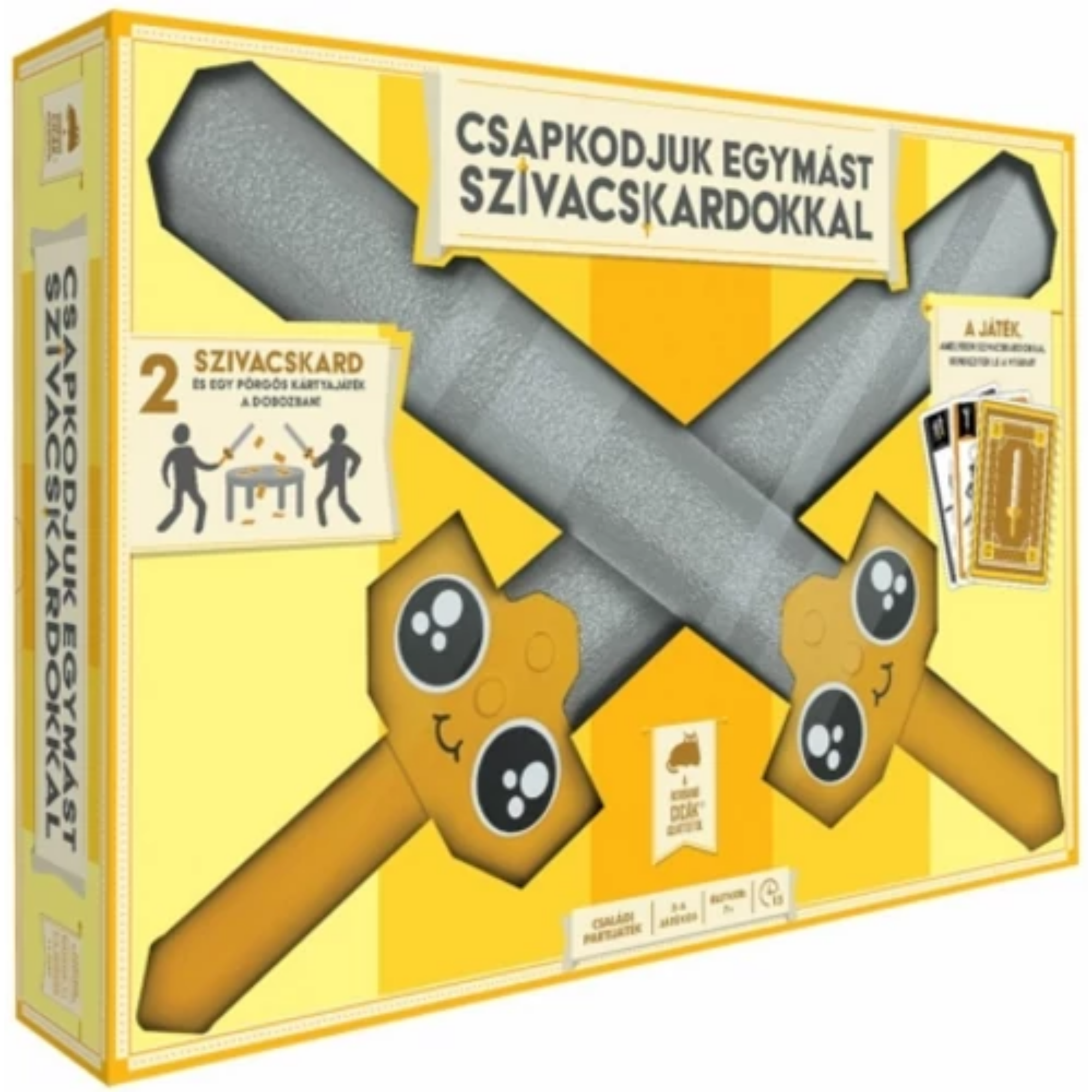 A Csapkodjuk egymást szivacskardokkal játék doboza, amely két aranyos mintás szivacskardot és egy pakli kártyát tartalmaz, vidám sárga dizájnnal.