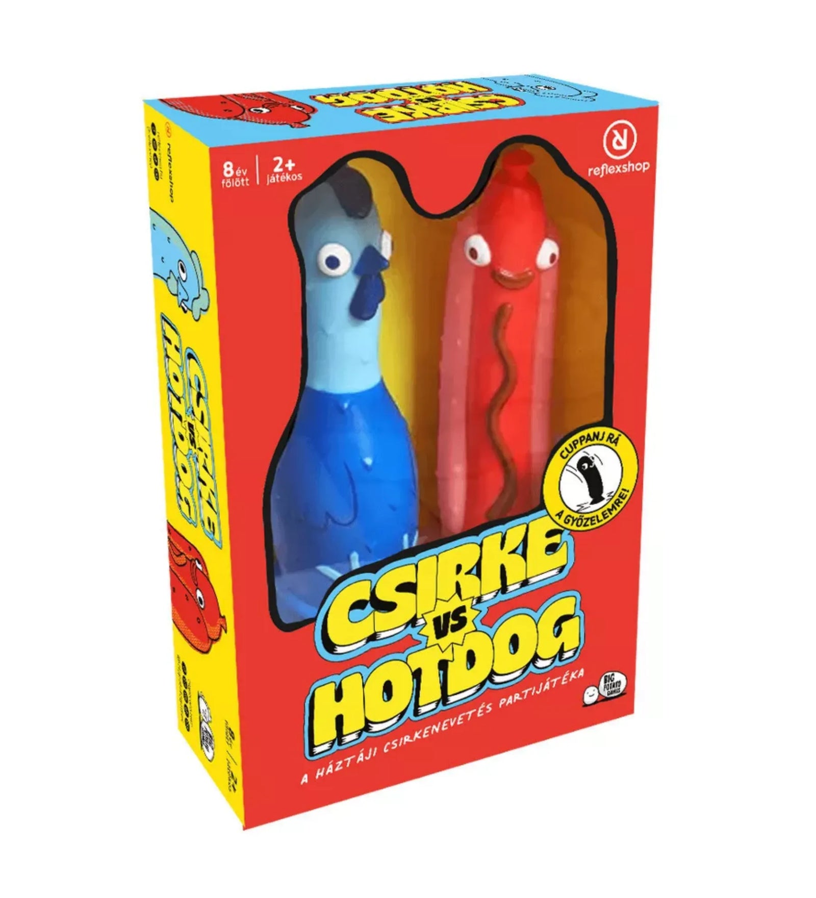 Csirke vs. Hotdog magyar nyelvű társasjáték doboza, átlátszó ablakon keresztül látható csirke és hotdog figurákkal, élénk piros-sárga dizájnnal