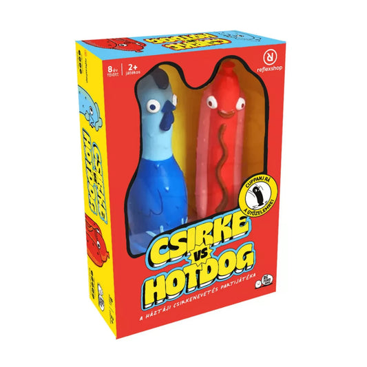 Csirke vs. Hotdog magyar nyelvű társasjáték doboza, átlátszó ablakon keresztül látható csirke és hotdog figurákkal, élénk piros-sárga dizájnnal