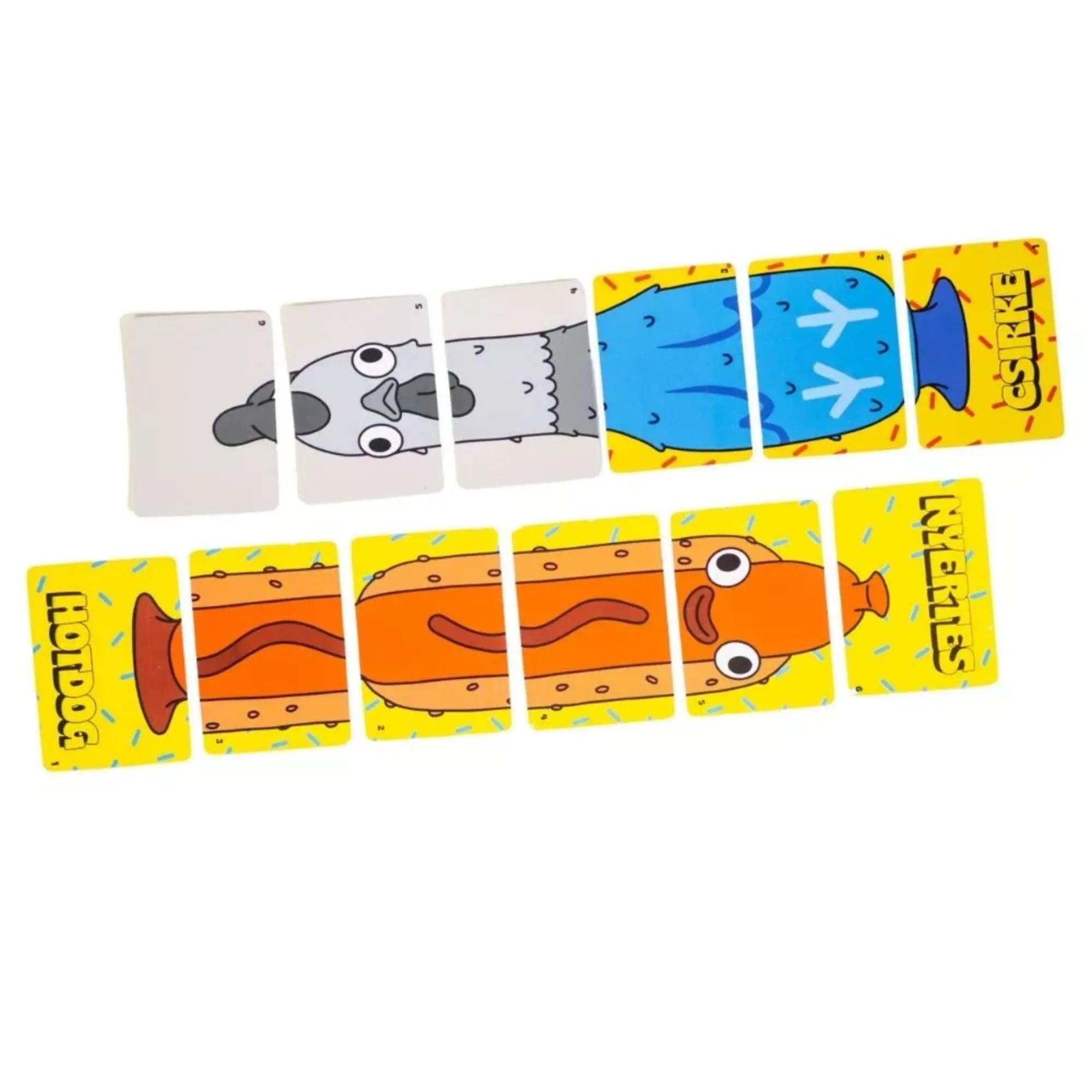 Csirke vs. Hotdog társasjáték játékkártyák kirakva, ahol a csirke és hotdog karakterek több lapból összeálló, humoros figurákat alkotnak élénk sárga háttéren