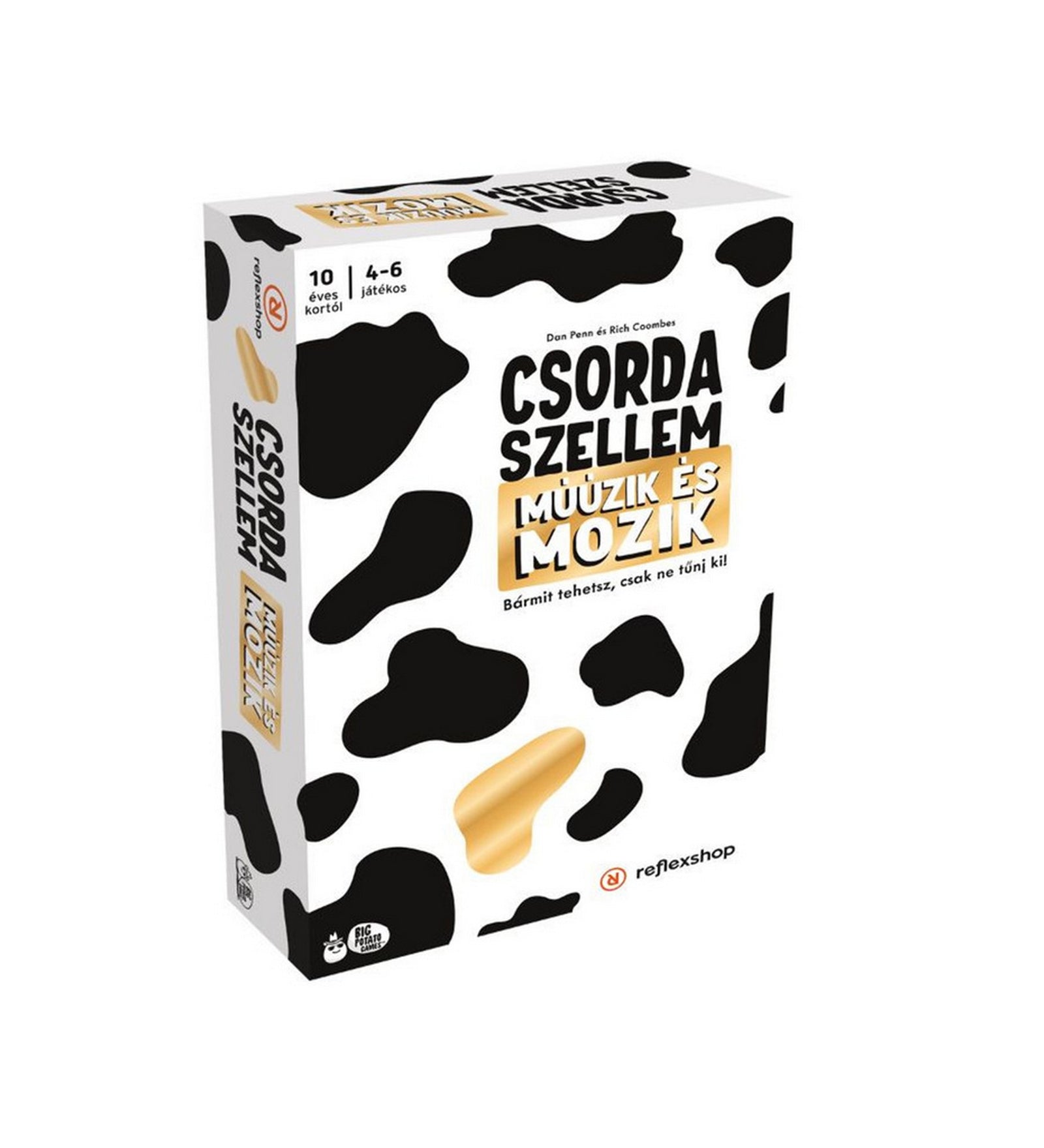 Csorda Szellem – Műüzik és Mozik társasjáték doboza elölnézetből, fekete-fehér mintás csomagolással.