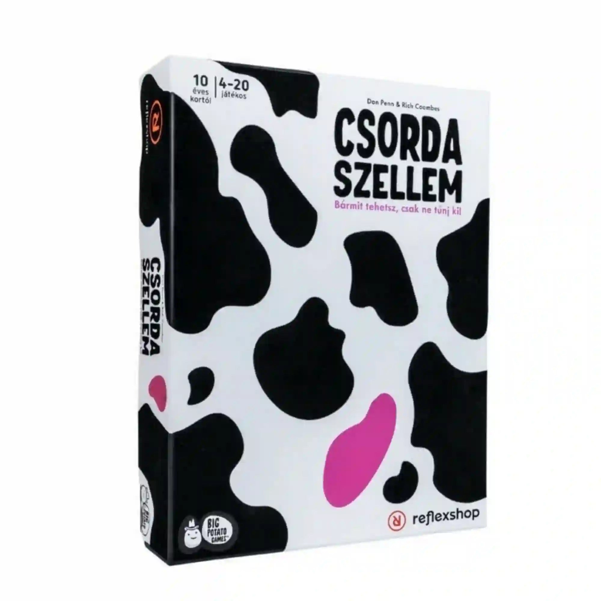 Csordaszellem társasjáték doboza, fekete-fehér tehénmintás dizájnnal és rózsaszín folttal, minimalista grafikai stílusban.
