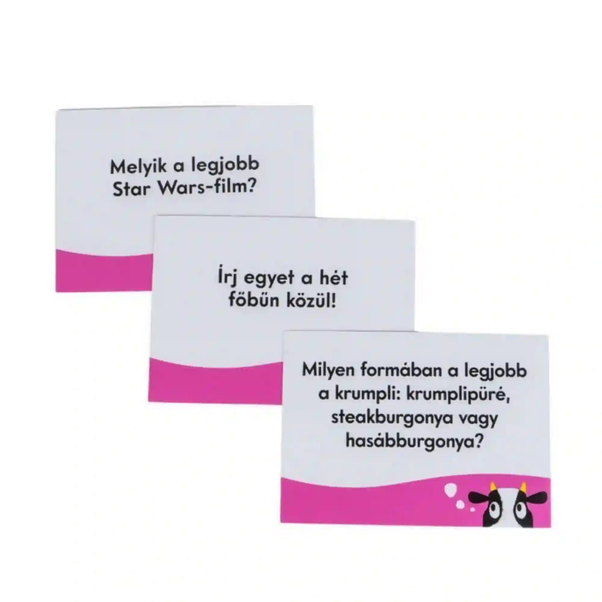 Csordaszellem társasjáték kérdéskártyák, magyar nyelvű vicces és elgondolkodtató kérdésekkel, fehér és rózsaszín dizájnnal.